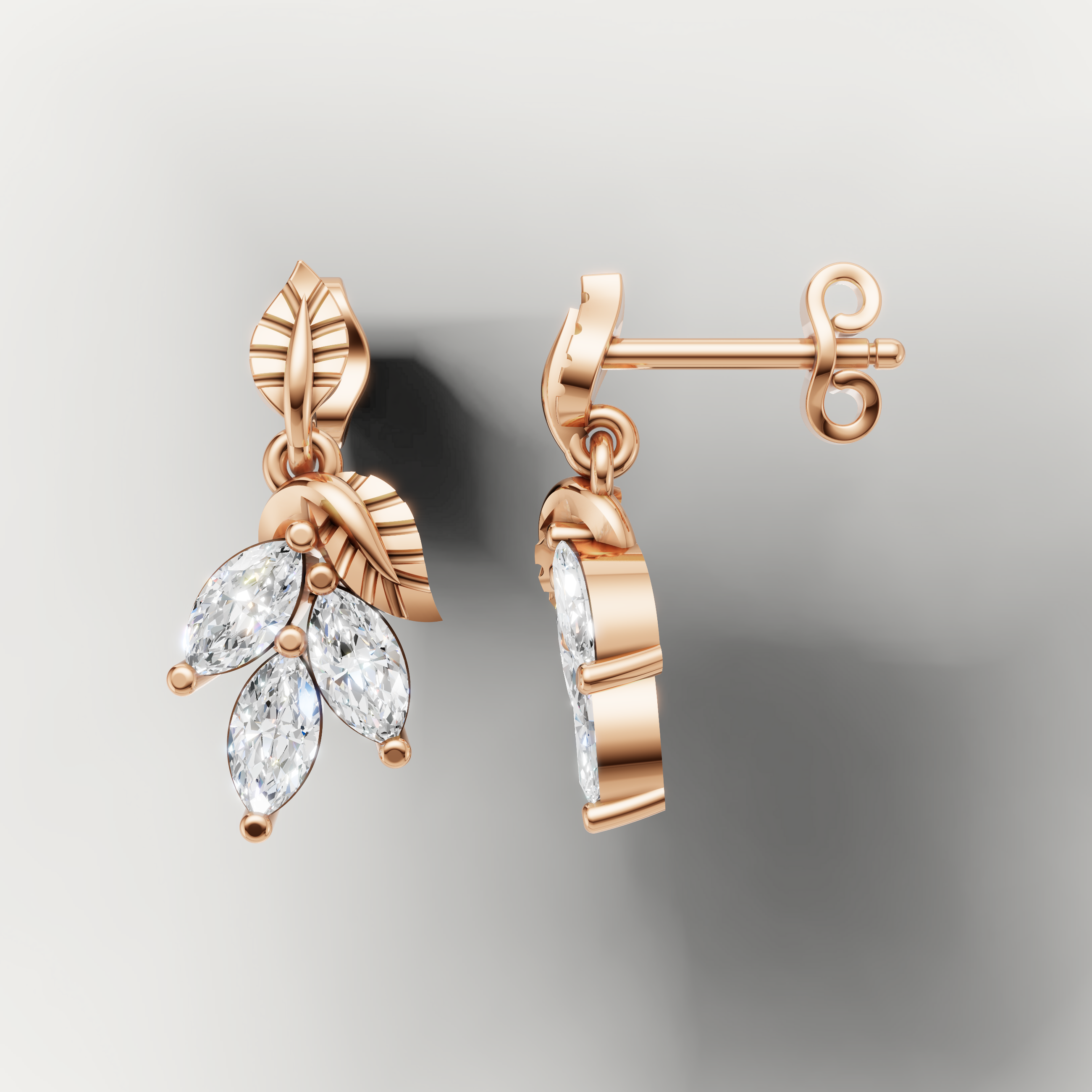 Rose gold floral diamond earrings with marquise cut stones luxury jewelry design