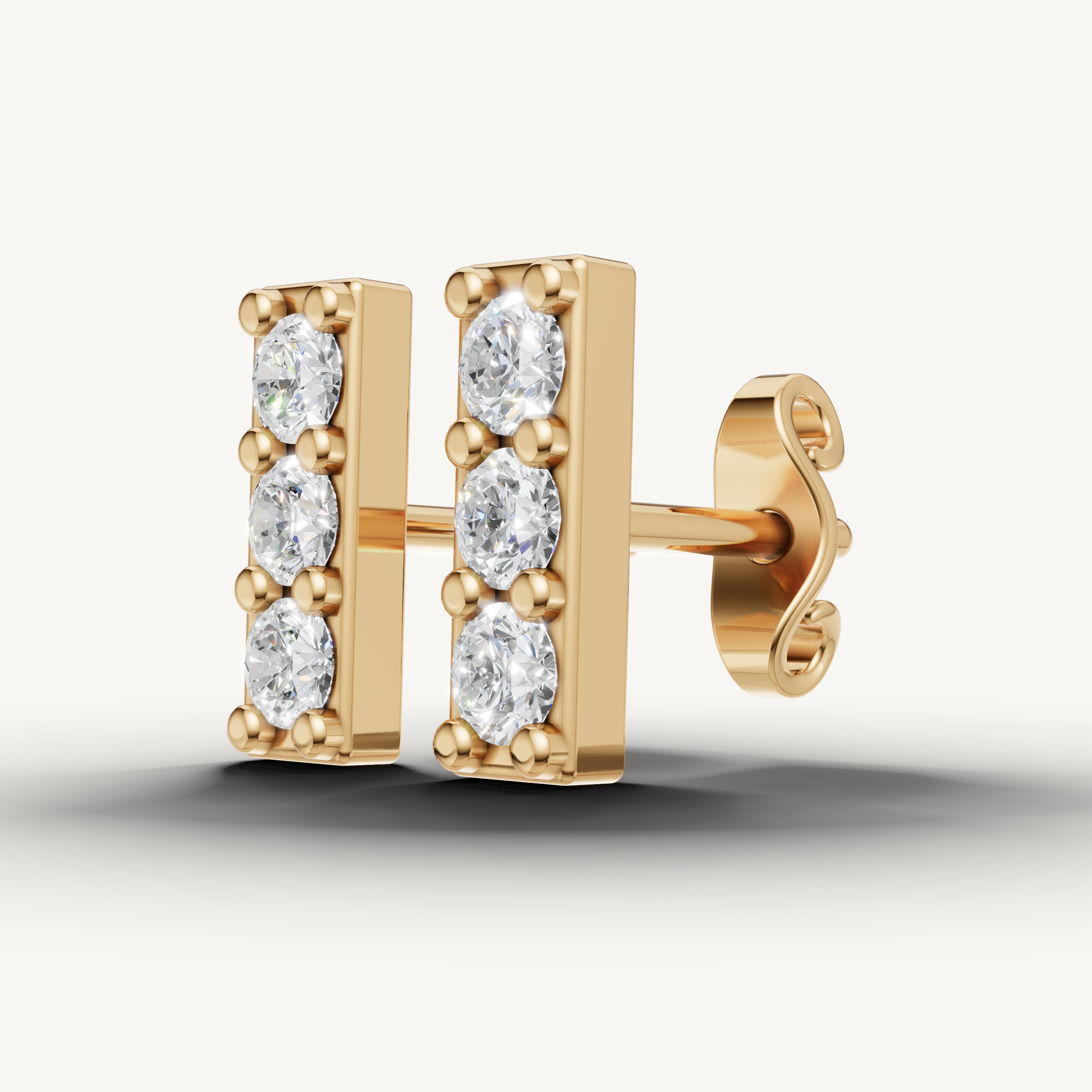 Modern yellow gold triple diamond bar earrings fine jewelry Raul Diamonds