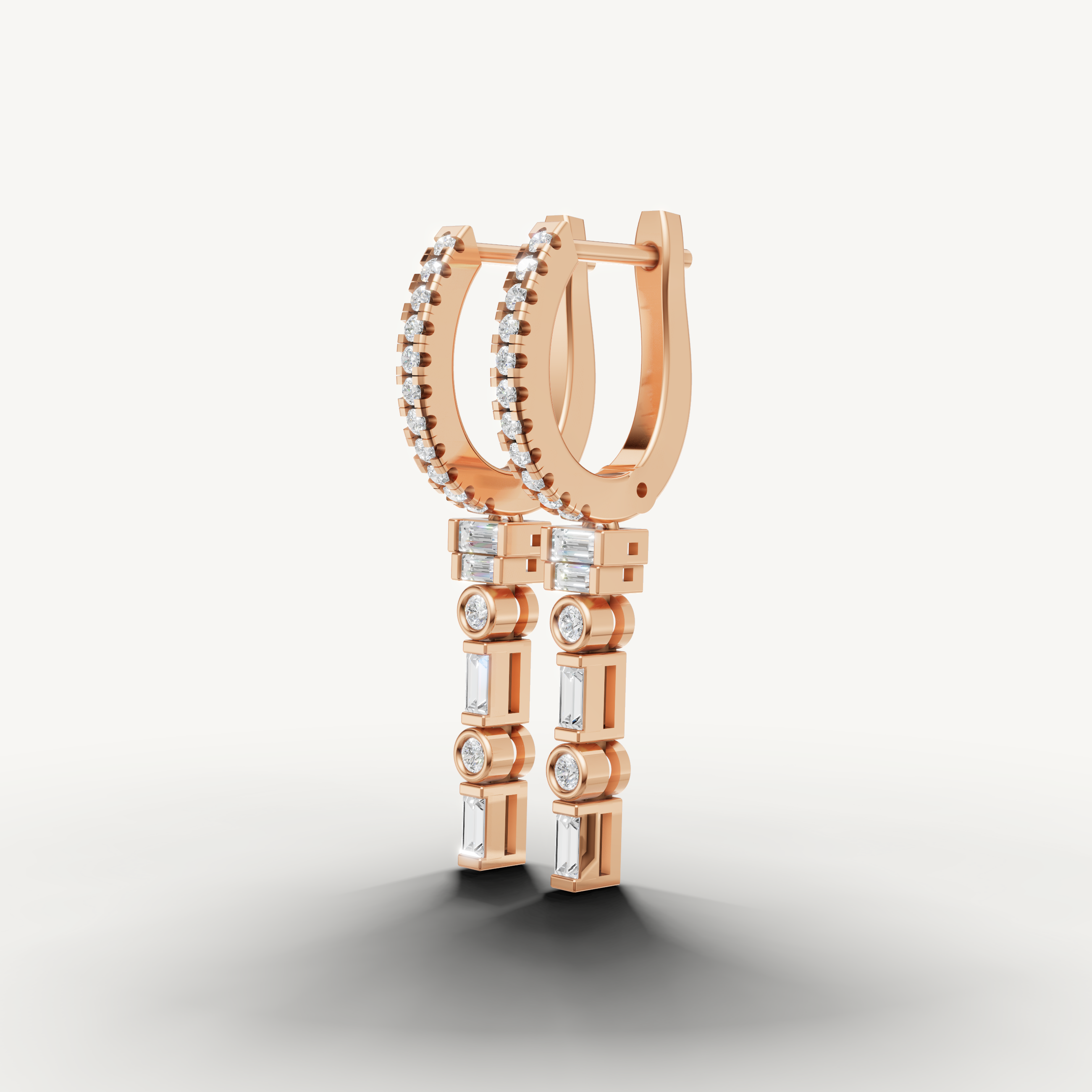 Modern rose gold vertical diamond drop earrings Raul Diamonds