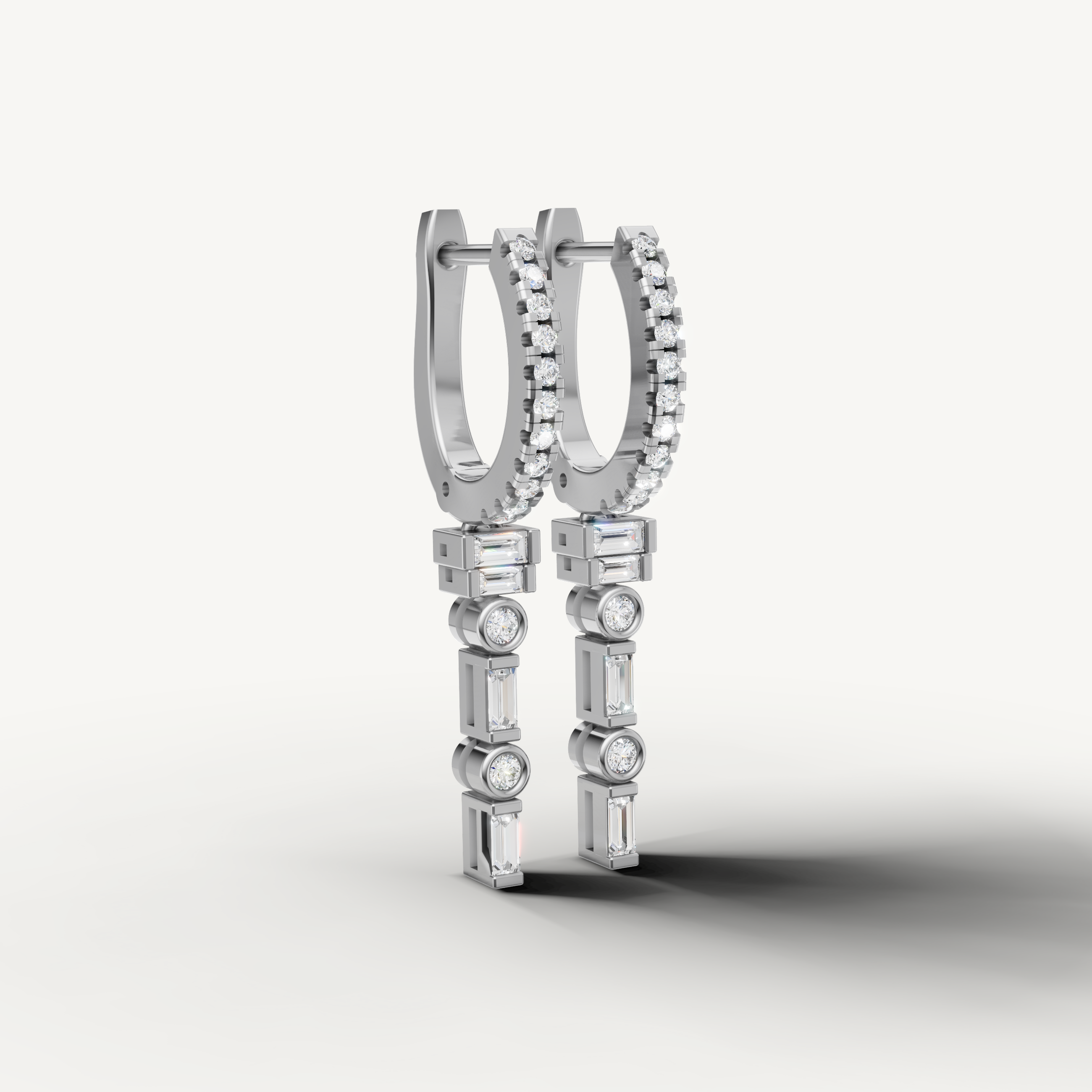 Luxury white gold baguette and round diamond hoop earrings