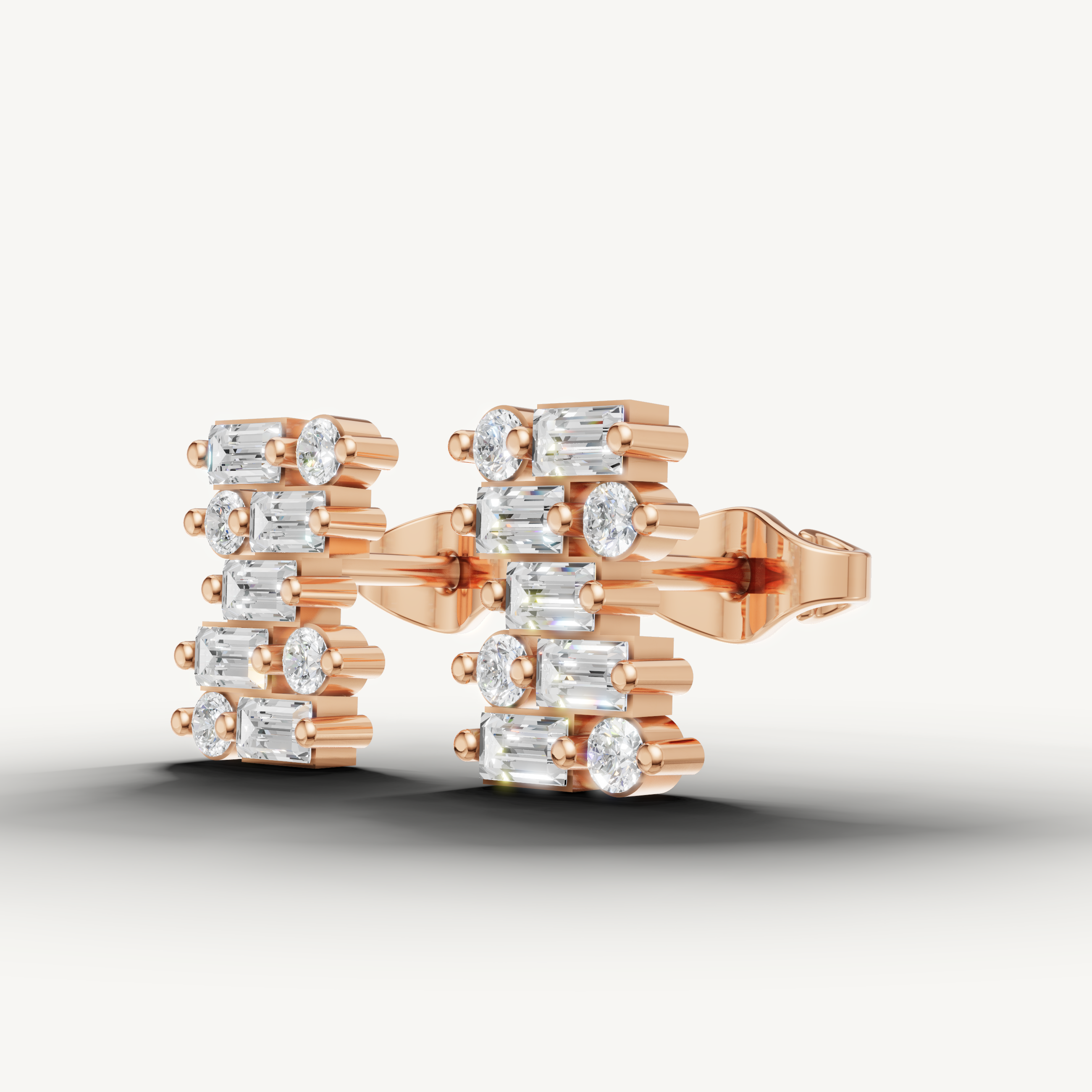 Luxury rose gold layered baguette diamond earrings Raul Diamonds