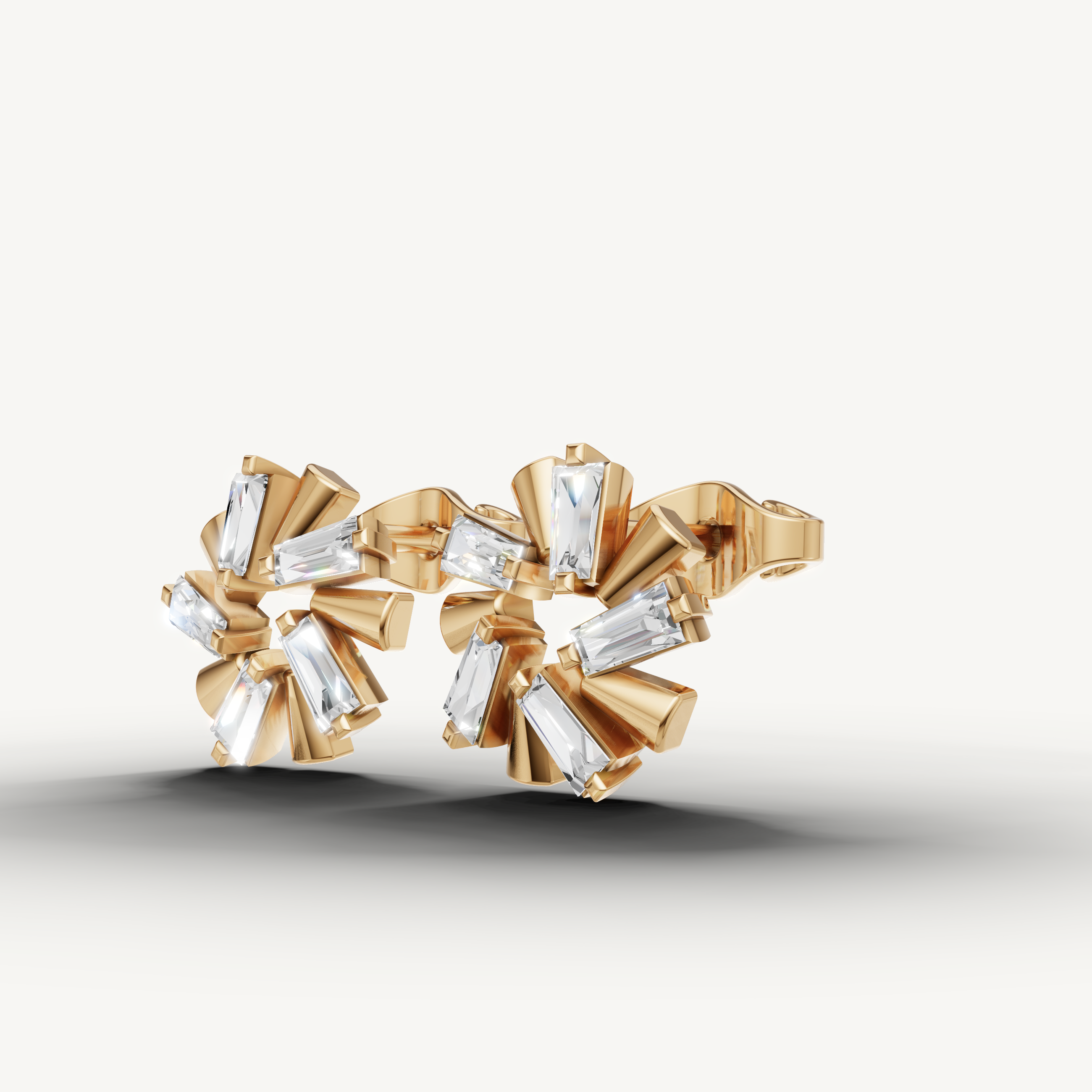 Modern yellow gold fan style diamond stud earrings Raul Diamonds