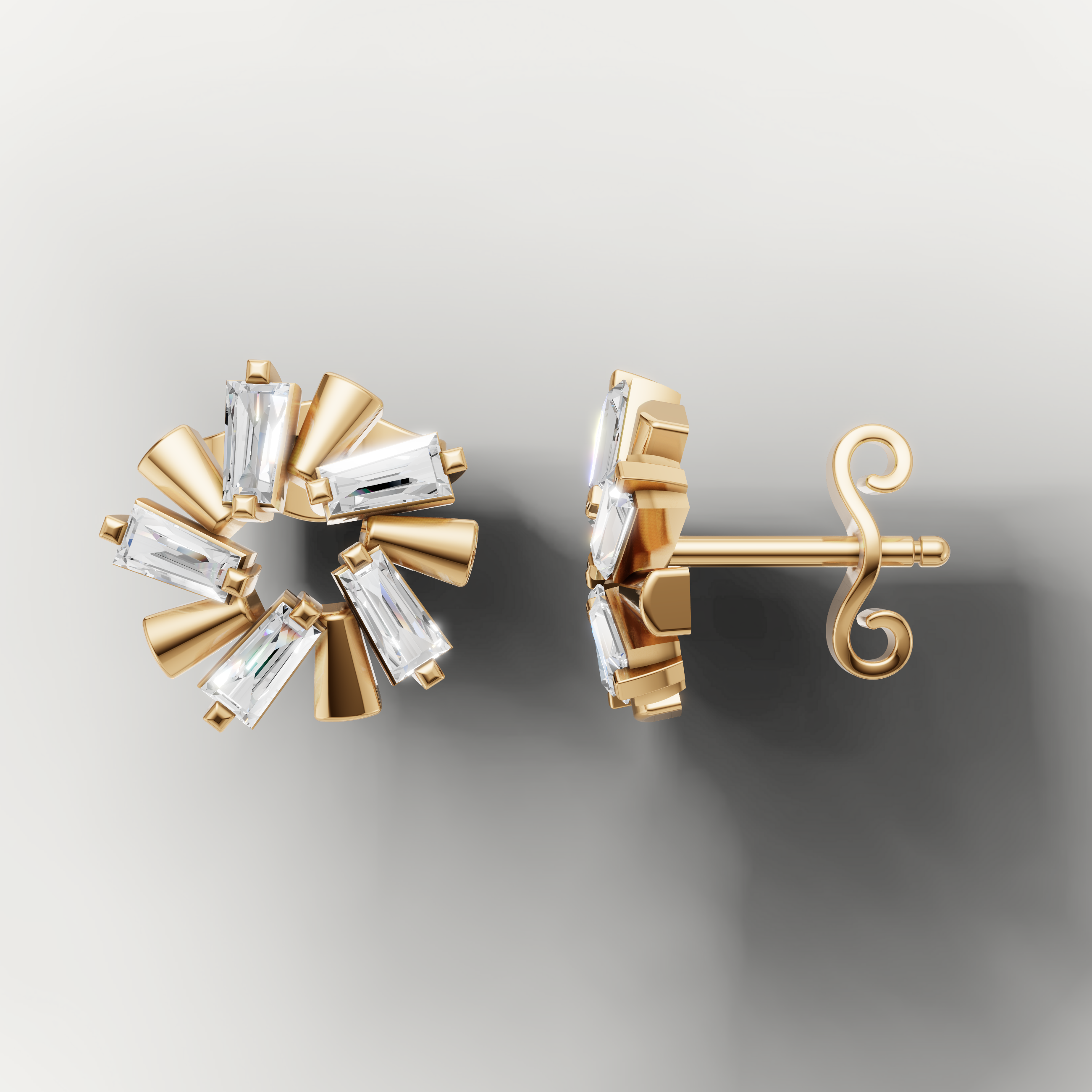 Elegant yellow gold geometric burst diamond earrings by Raul Diamonds
