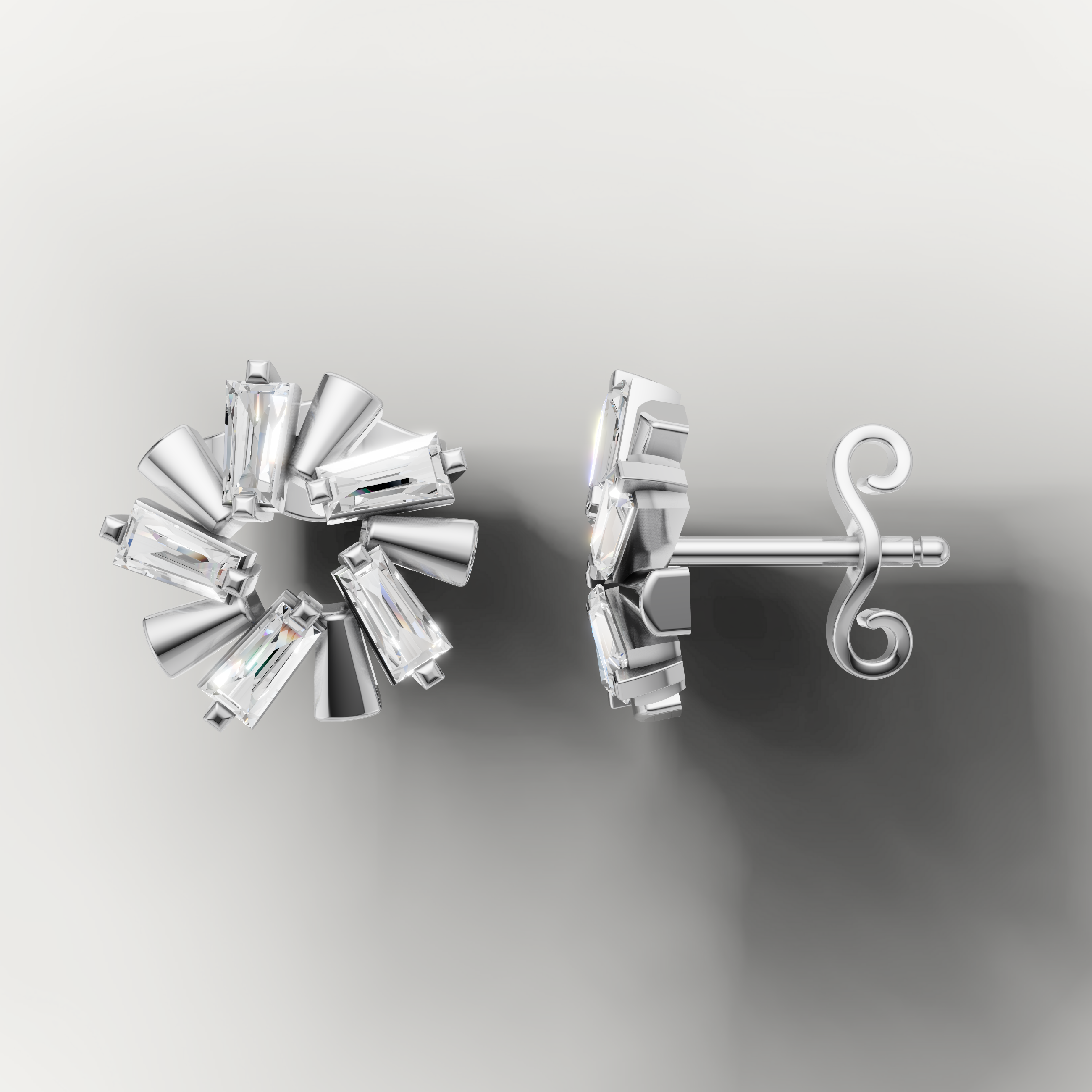 Elegant white gold geometric burst diamond earrings by Raul Diamonds