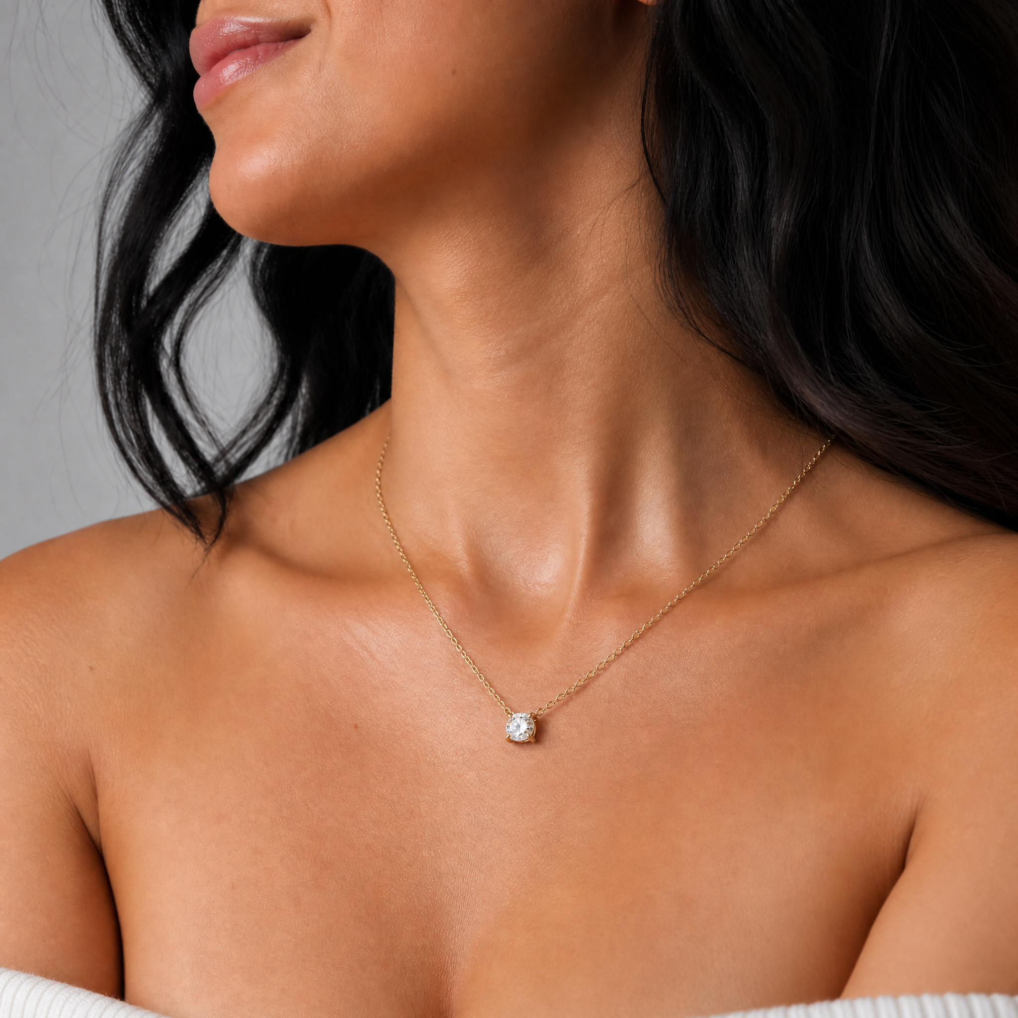 Female Model Wearing Round Brilliant Lab Grown Diamond Solitaire Pendant Necklace in 14K Gold by Raul Diamonds