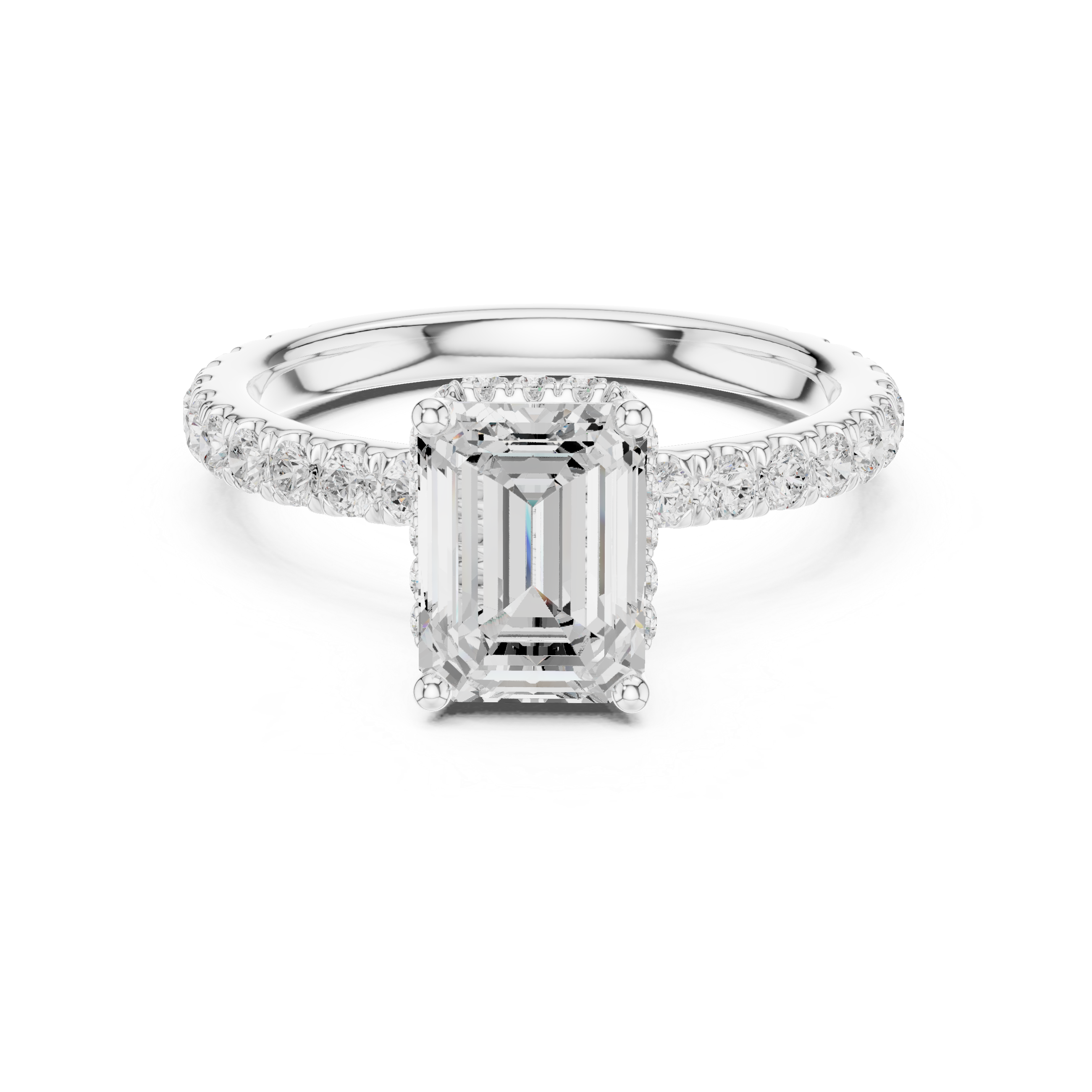 Halo engagement ring with emerald cut lab diamond