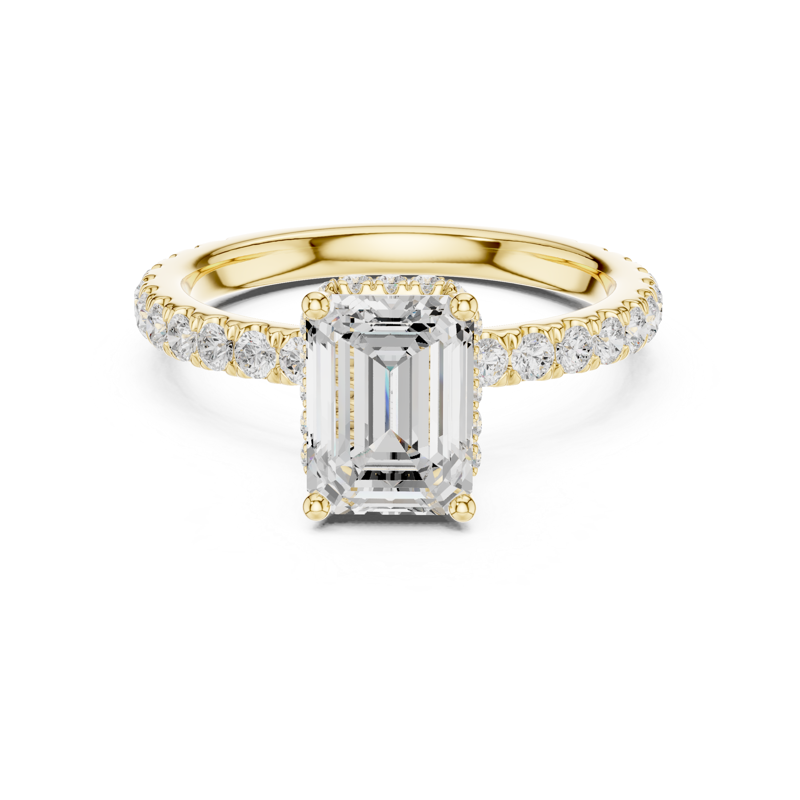 Emerald cut lab diamond halo engagement ring with pavé