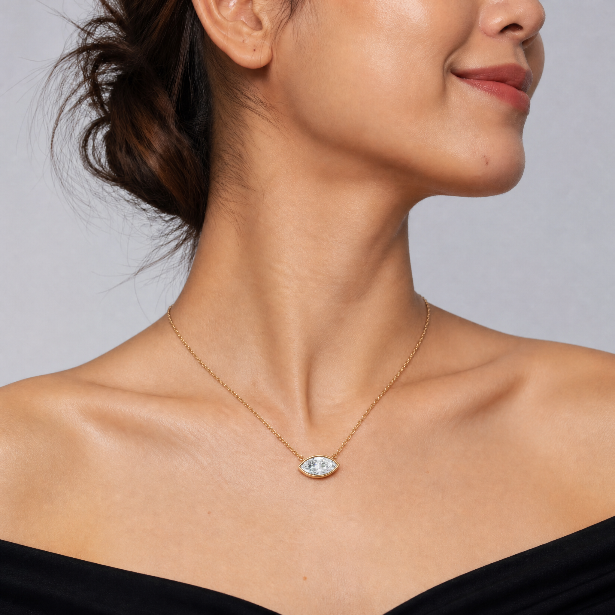 Female Model Wearing East West Marquise Cut Lab Diamond Pendant Necklace in 14K Gold by Raul Diamonds