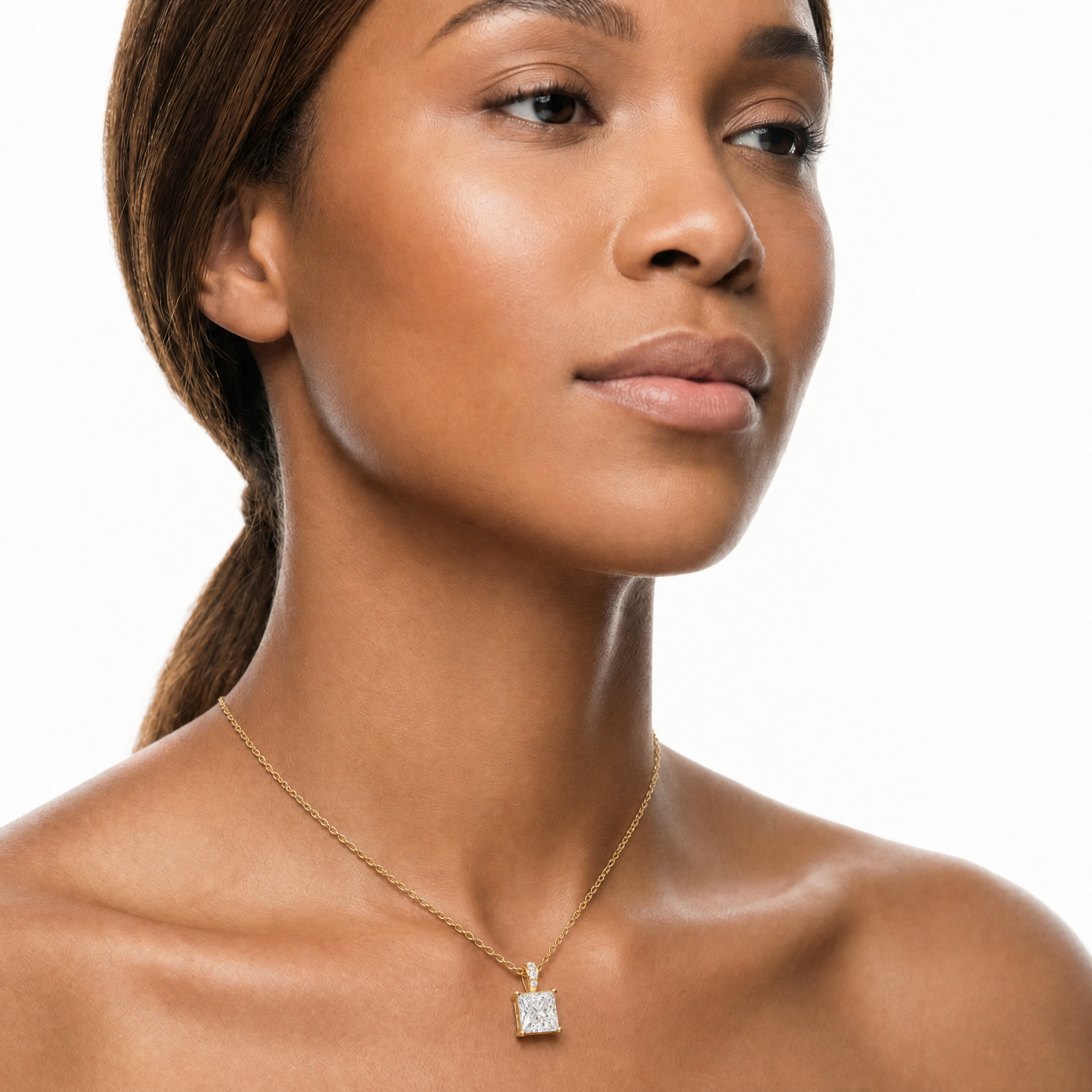 Female Model Wearing Princess Cut Lab Grown Diamond Solitaire Pendant Necklace in 14K Gold by Raul Diamonds