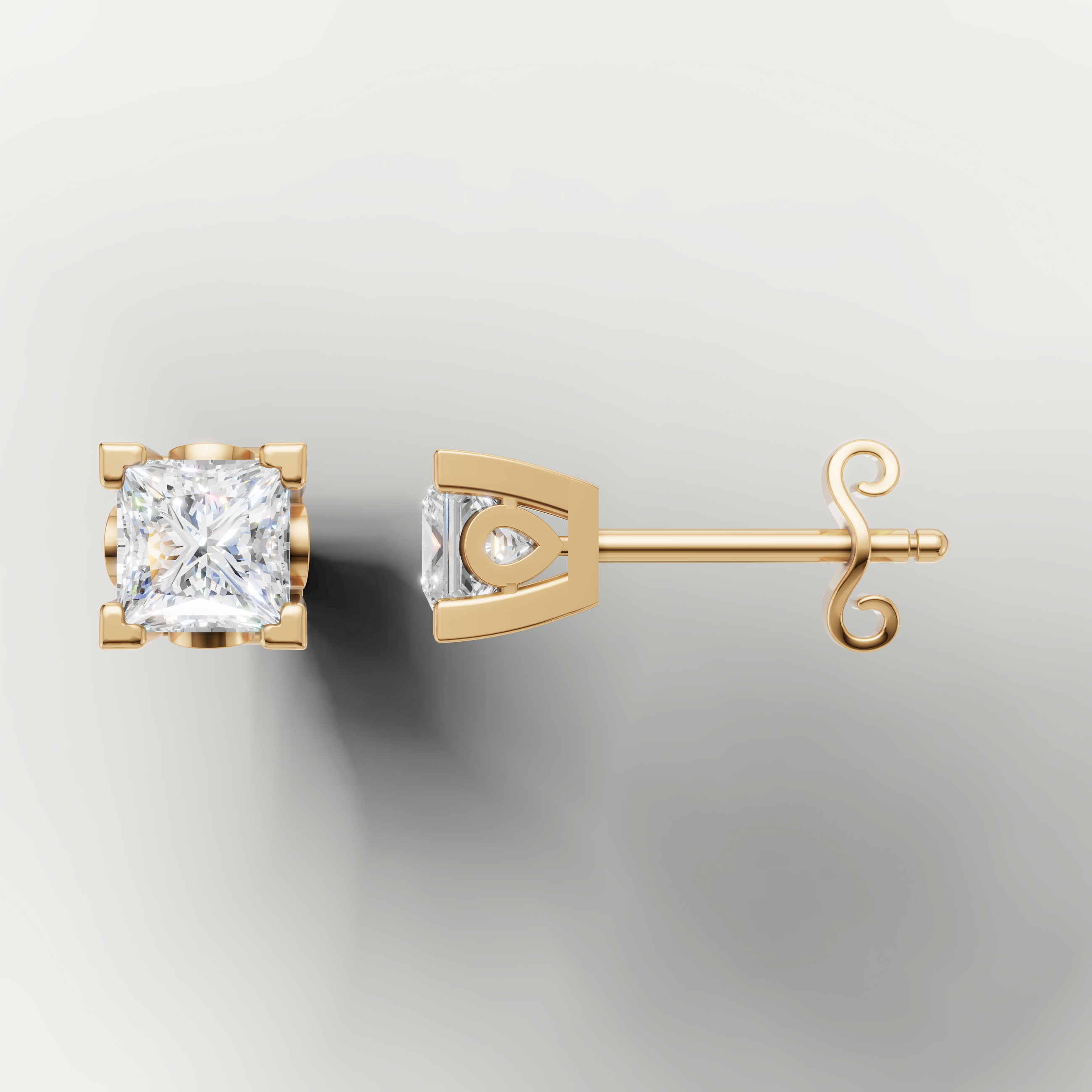 Yellow gold square diamond stud earrings by Raul Diamonds featuring brilliant princess cut diamonds