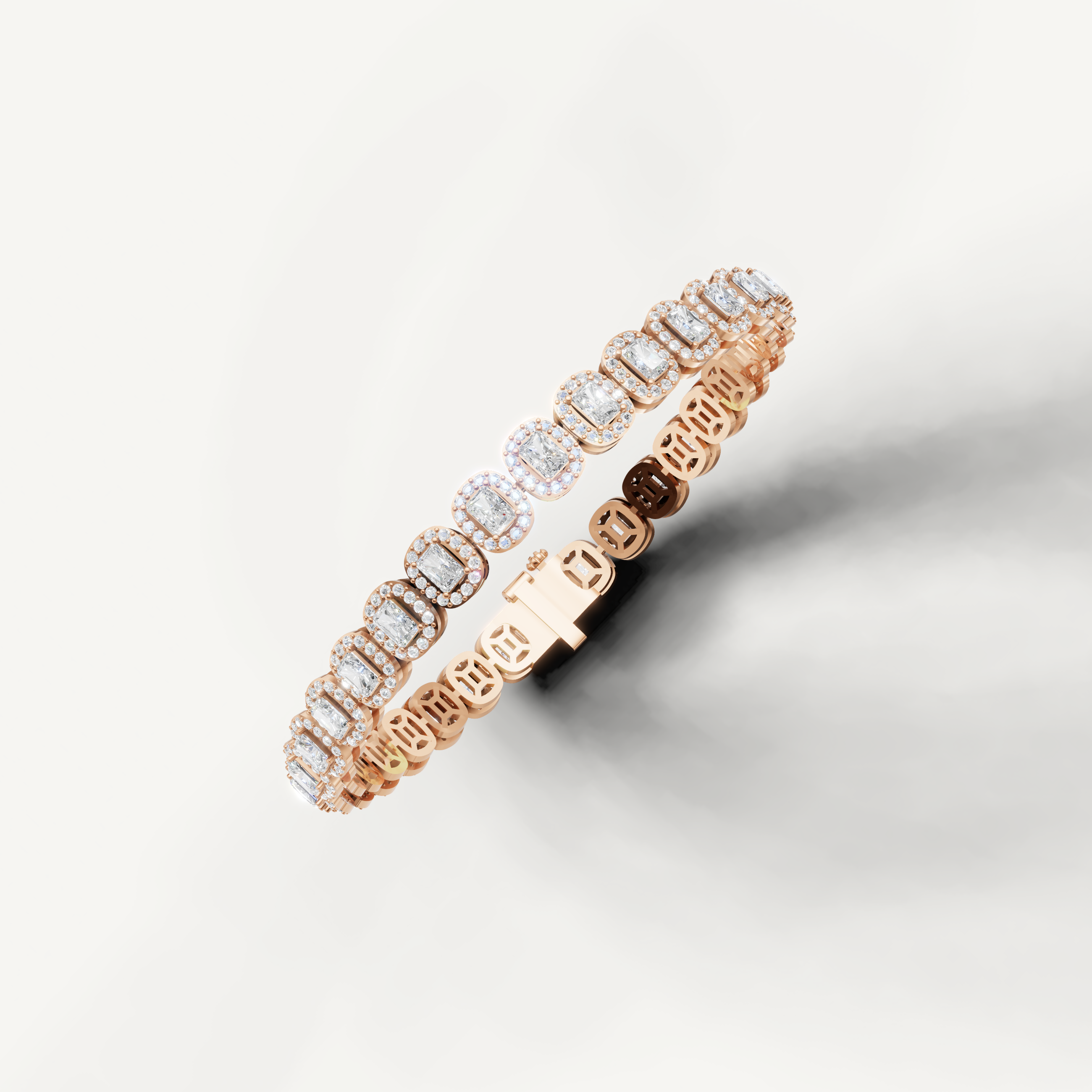 Rose gold tennis bracelet with sparkling halo diamonds by Raul Diamonds