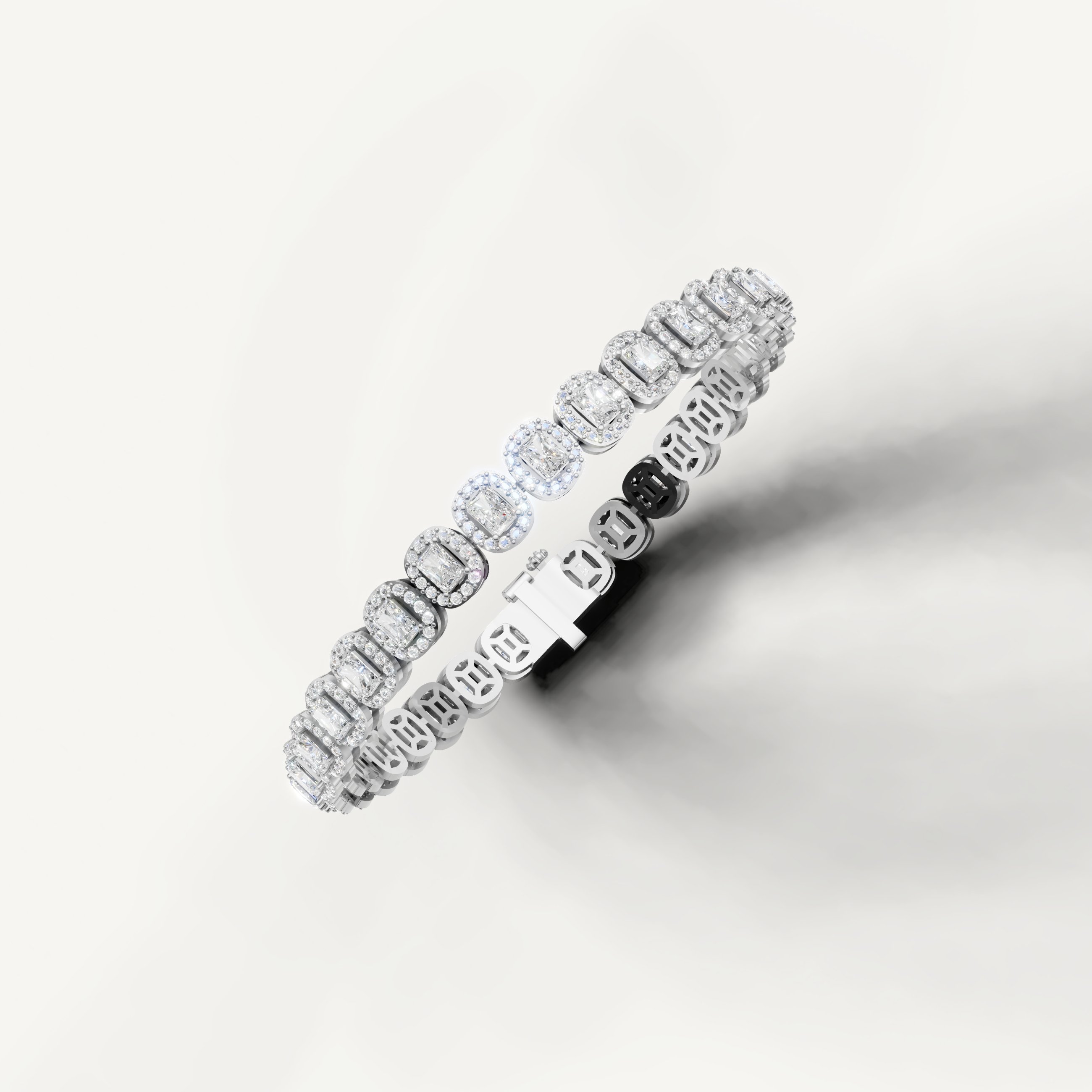 Elegant white gold tennis bracelet with sparkling halo diamonds