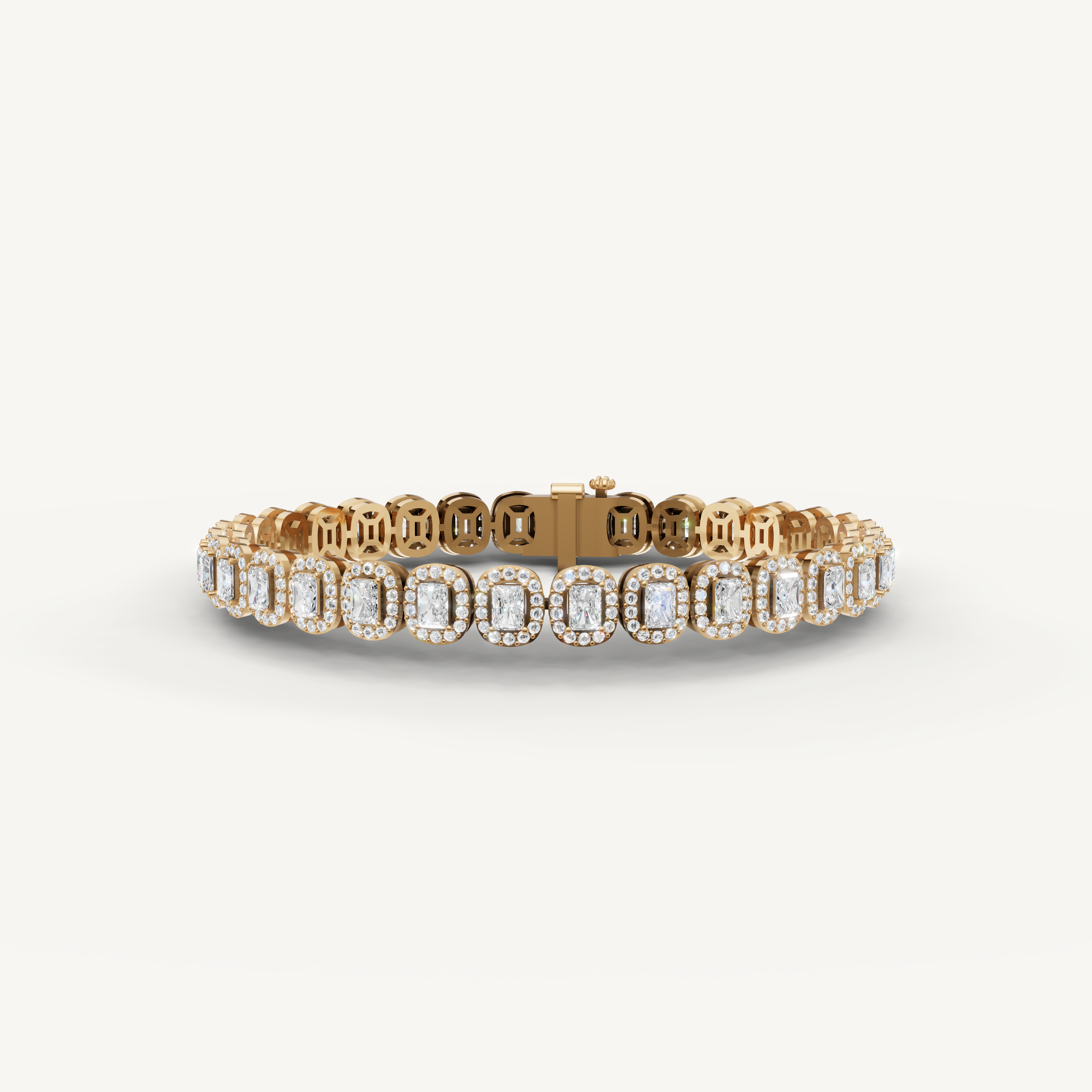 Raul Diamonds yellow gold emerald cut diamond tennis bracelet with halo setting