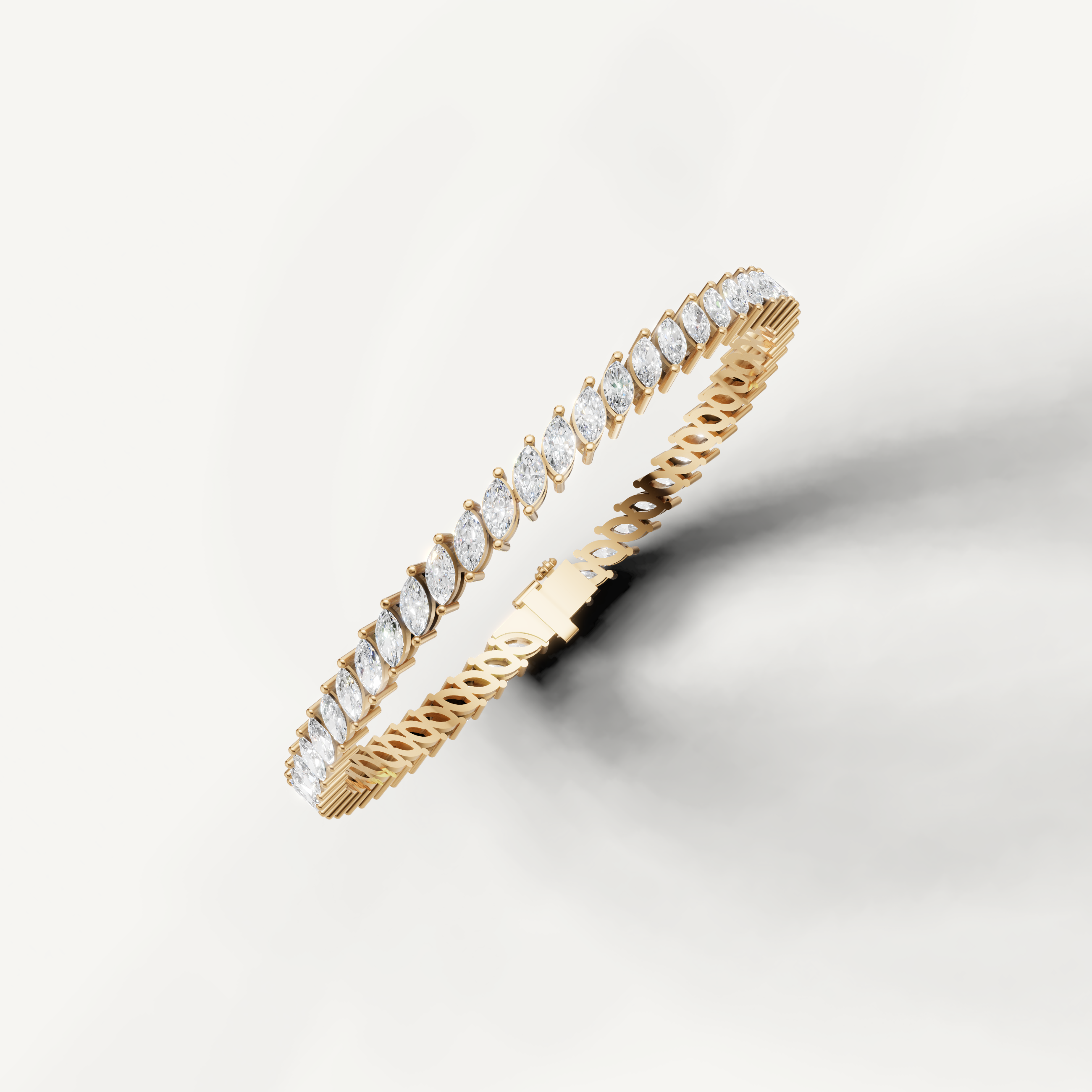 Yellow gold marquise diamond bracelet with classic tennis style by Raul Diamonds
