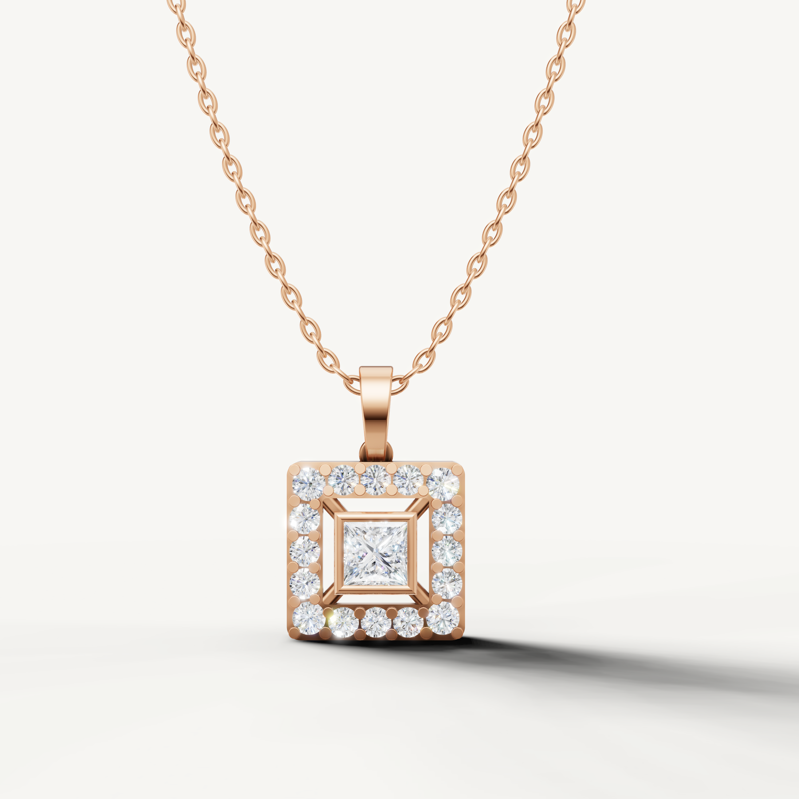 Princess Cut Lab Grown Diamond Halo Pendant Necklace in 14K Rose Gold by Raul Diamonds