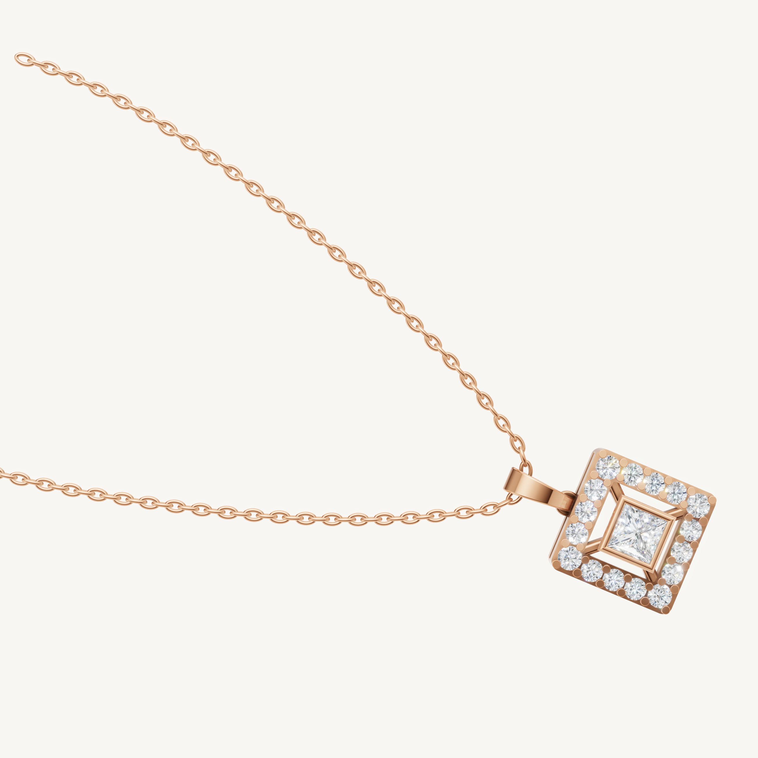 Modern Princess Shape Lab Diamond Halo Necklace in 14K Rose Gold