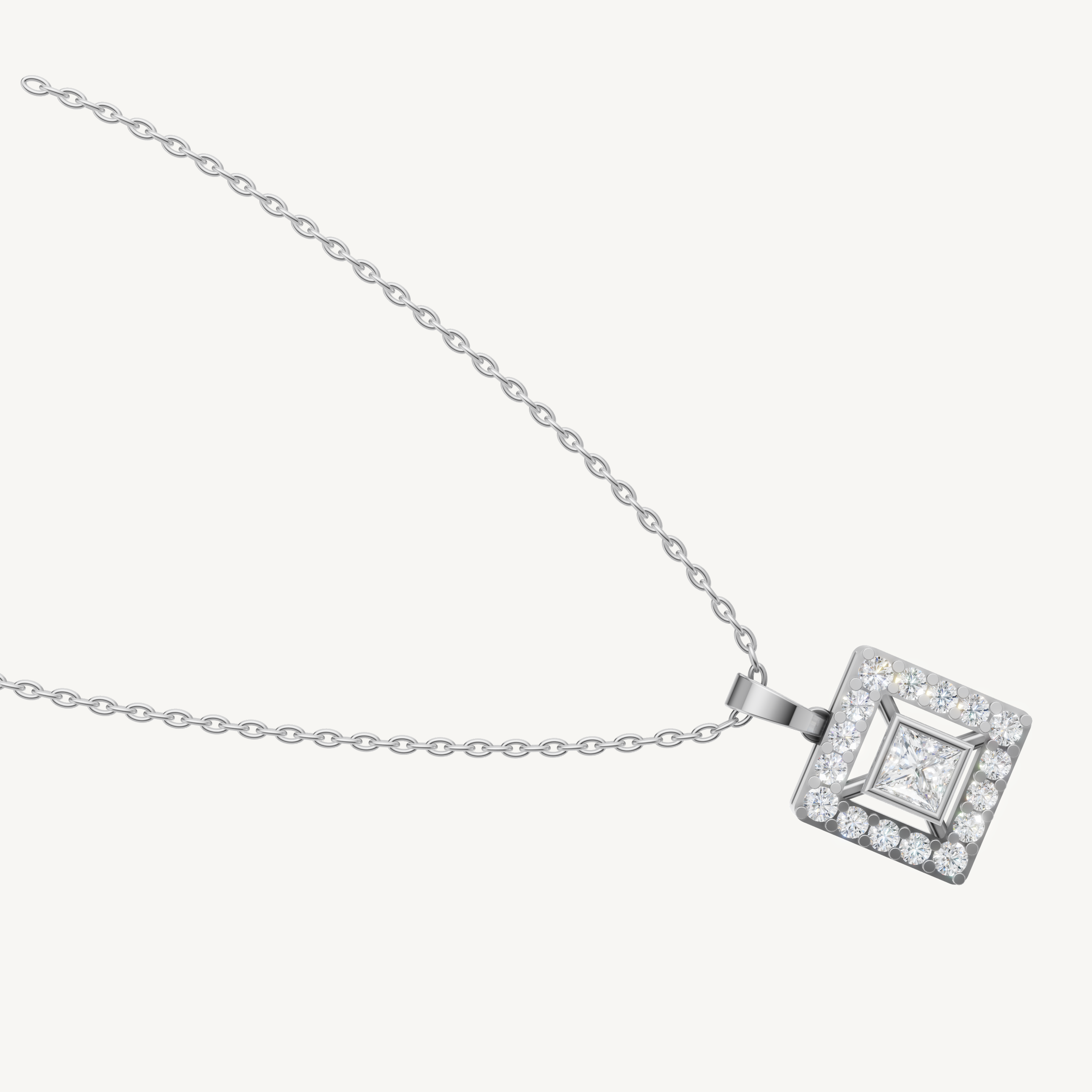 Modern Princess Shape Lab Diamond Halo Necklace in 14K White Gold