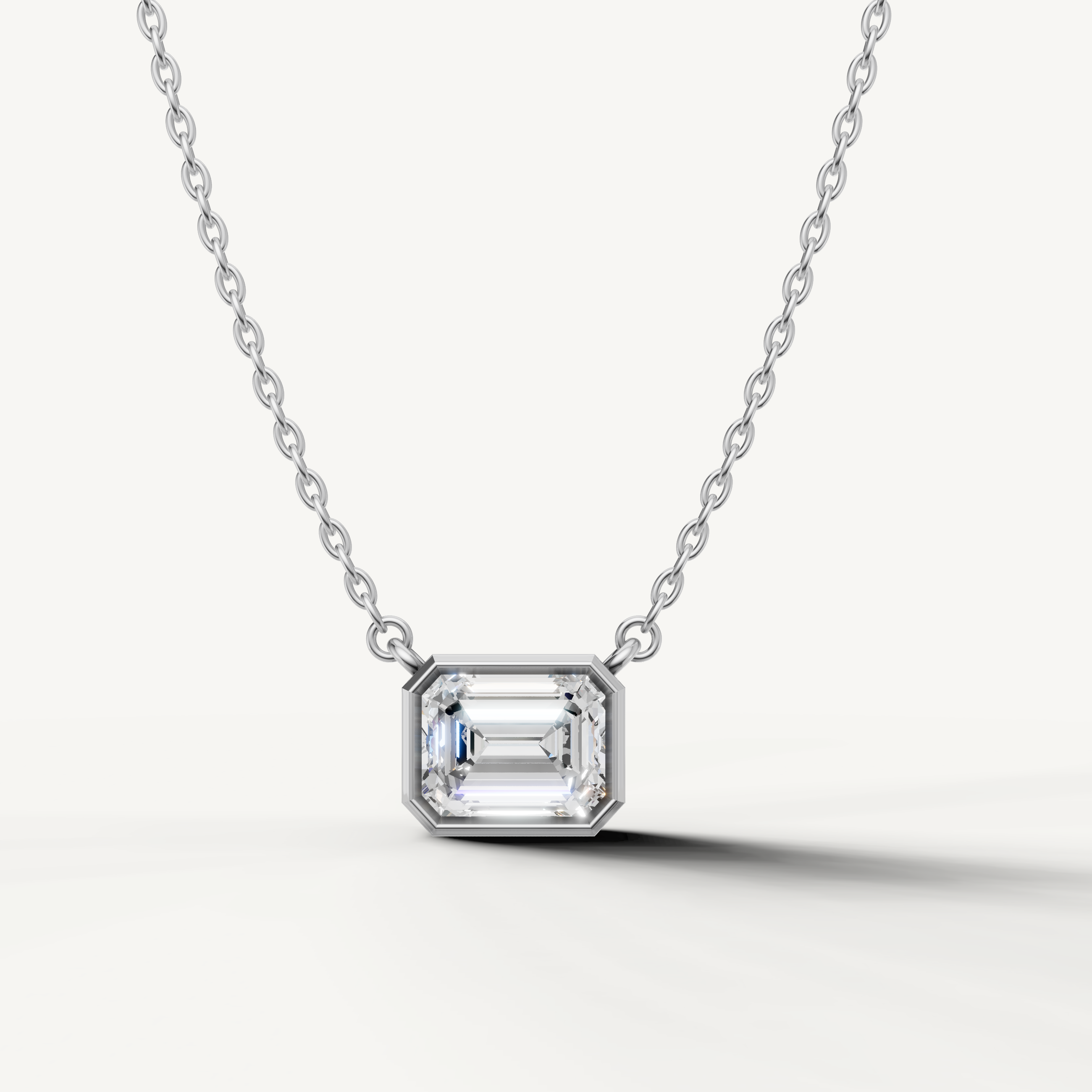 Emerald Cut Lab Grown Diamond Bezel Pendant Necklace in 14K White Gold by Raul Diamonds