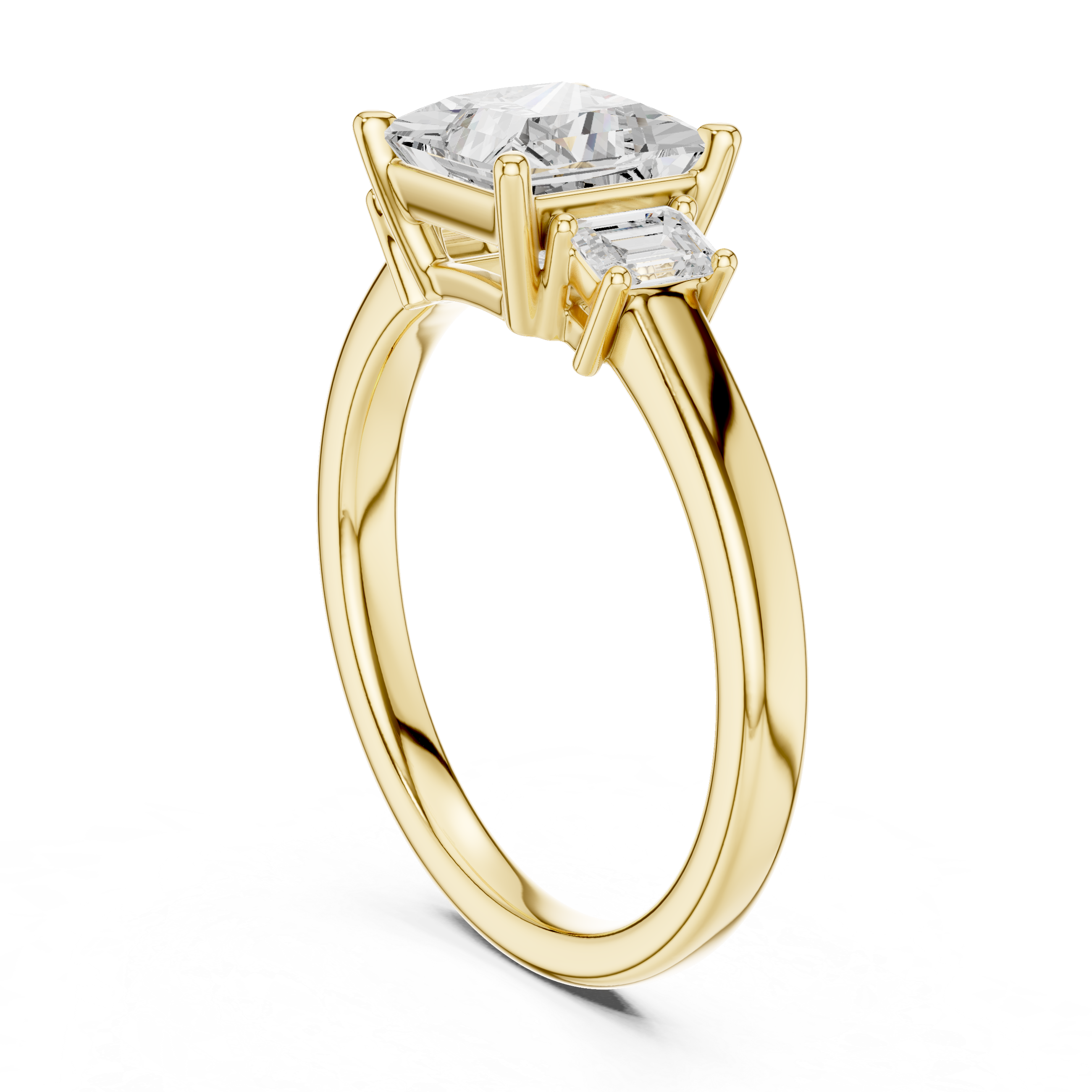 Three-stone engagement ring with princess and emerald lab diamonds