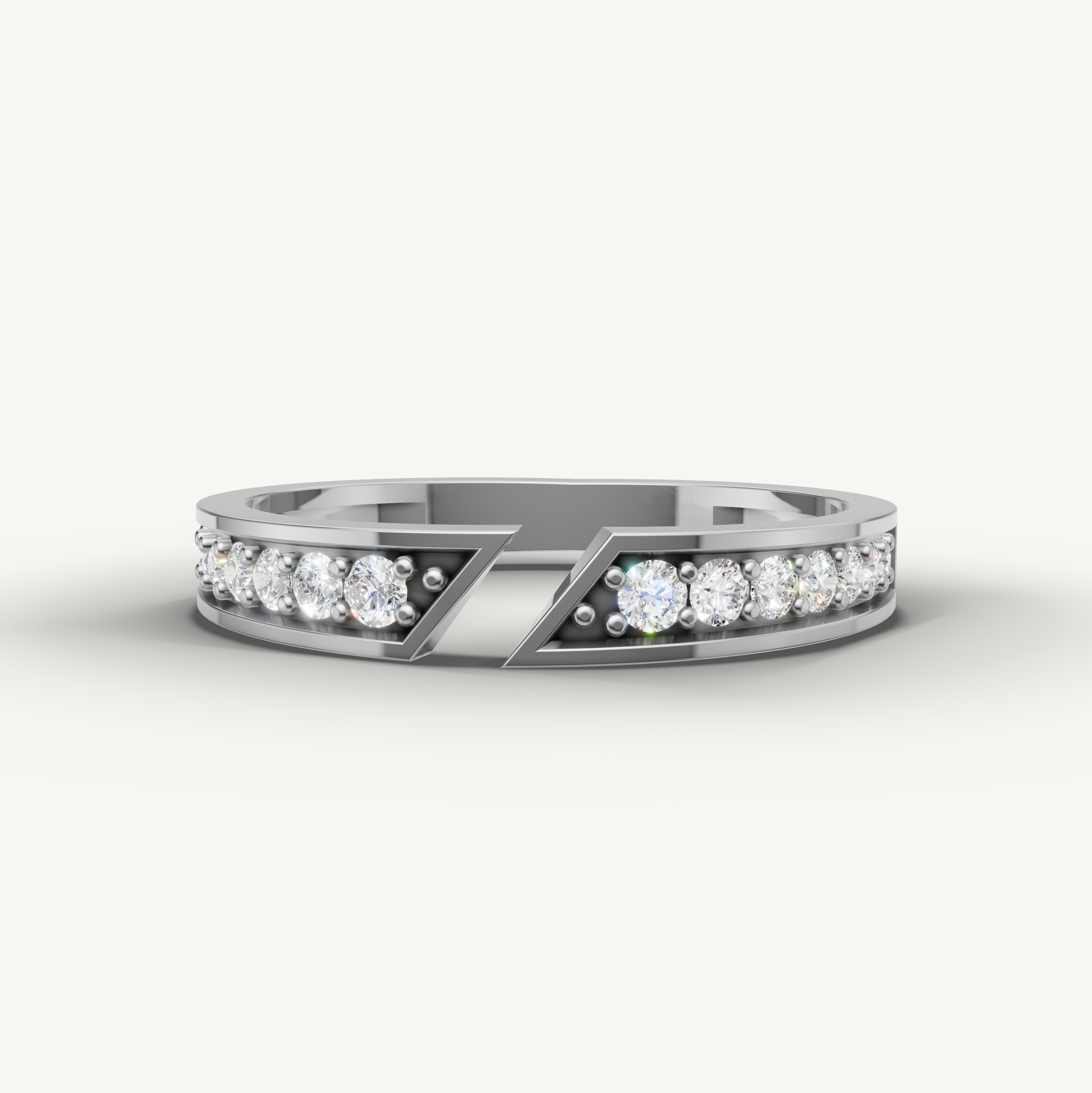 White gold modern wedding ring with angular split design and pavé diamonds