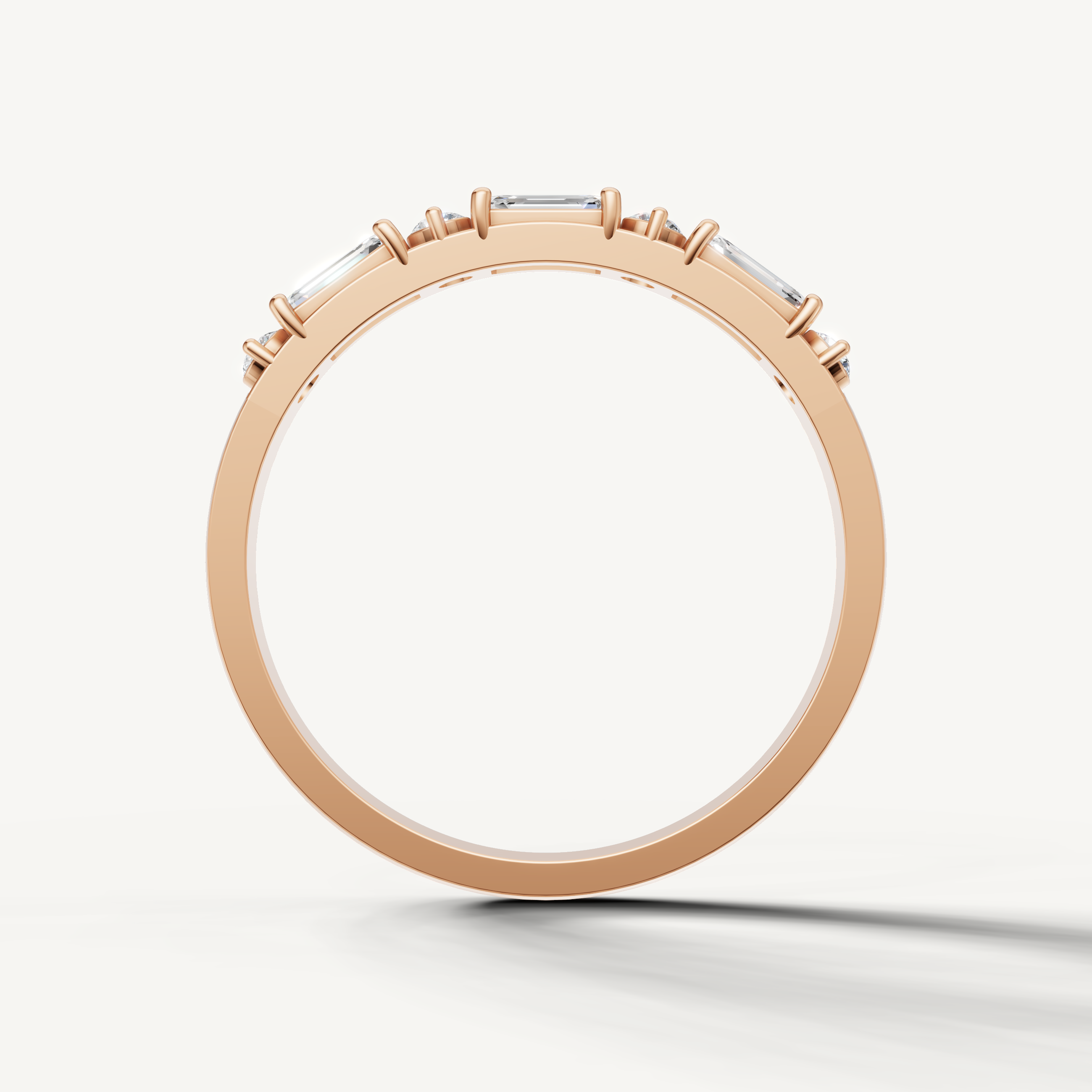 Stackable rose gold diamond band for women with contemporary emerald cut detailing