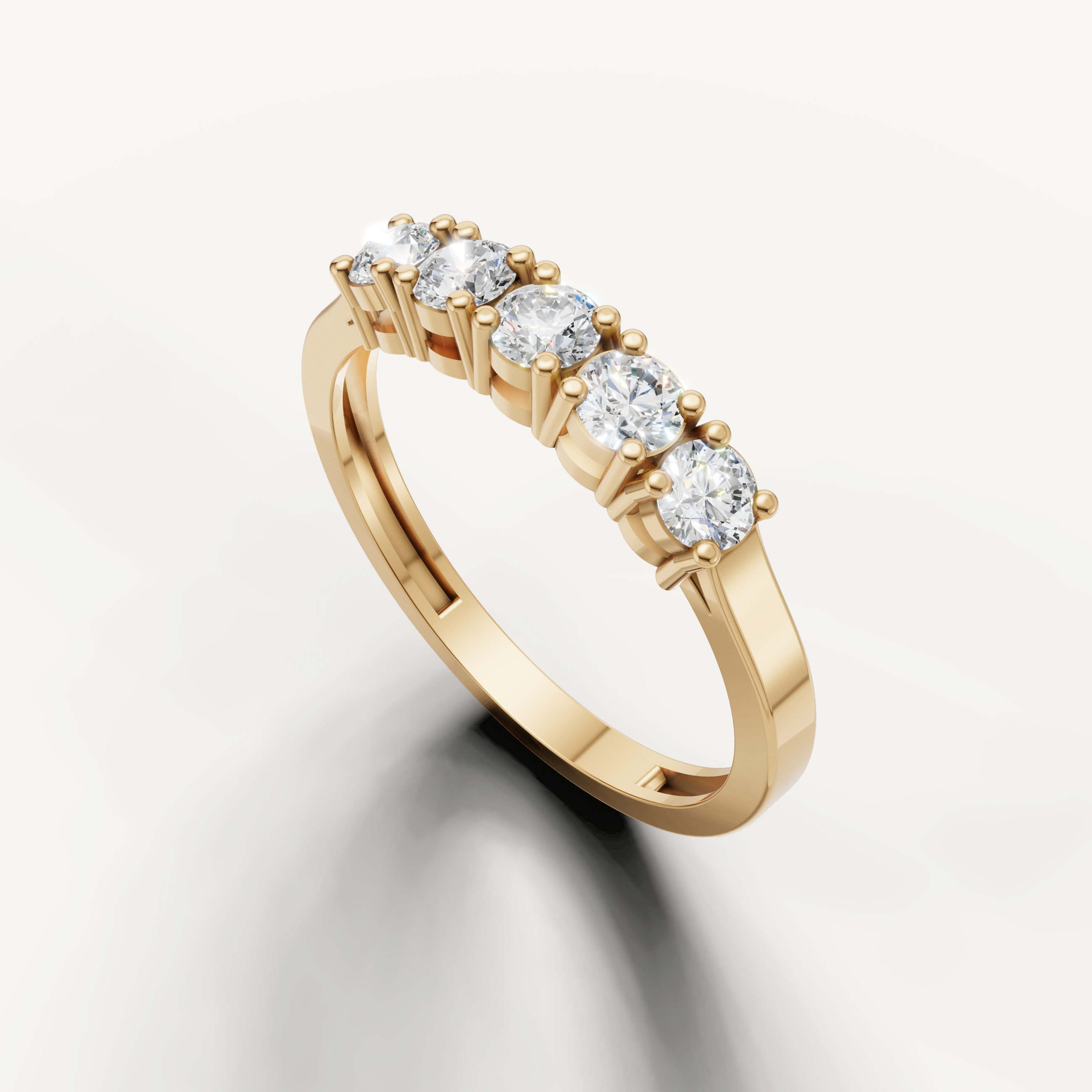 Luxury yellow gold five diamond wedding band with timeless prong setting
