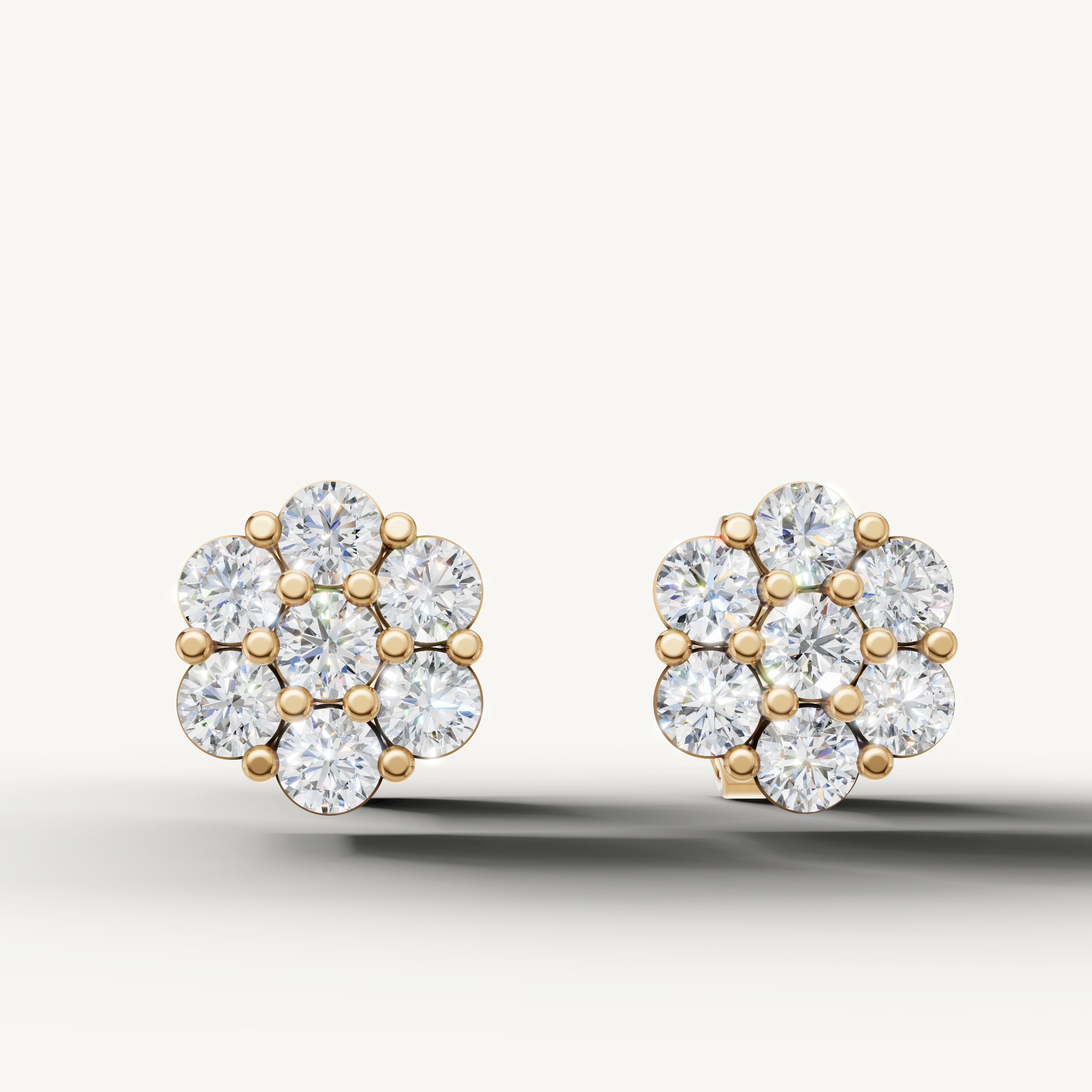 Raul Diamonds yellow gold floral diamond stud earrings with round brilliant diamonds