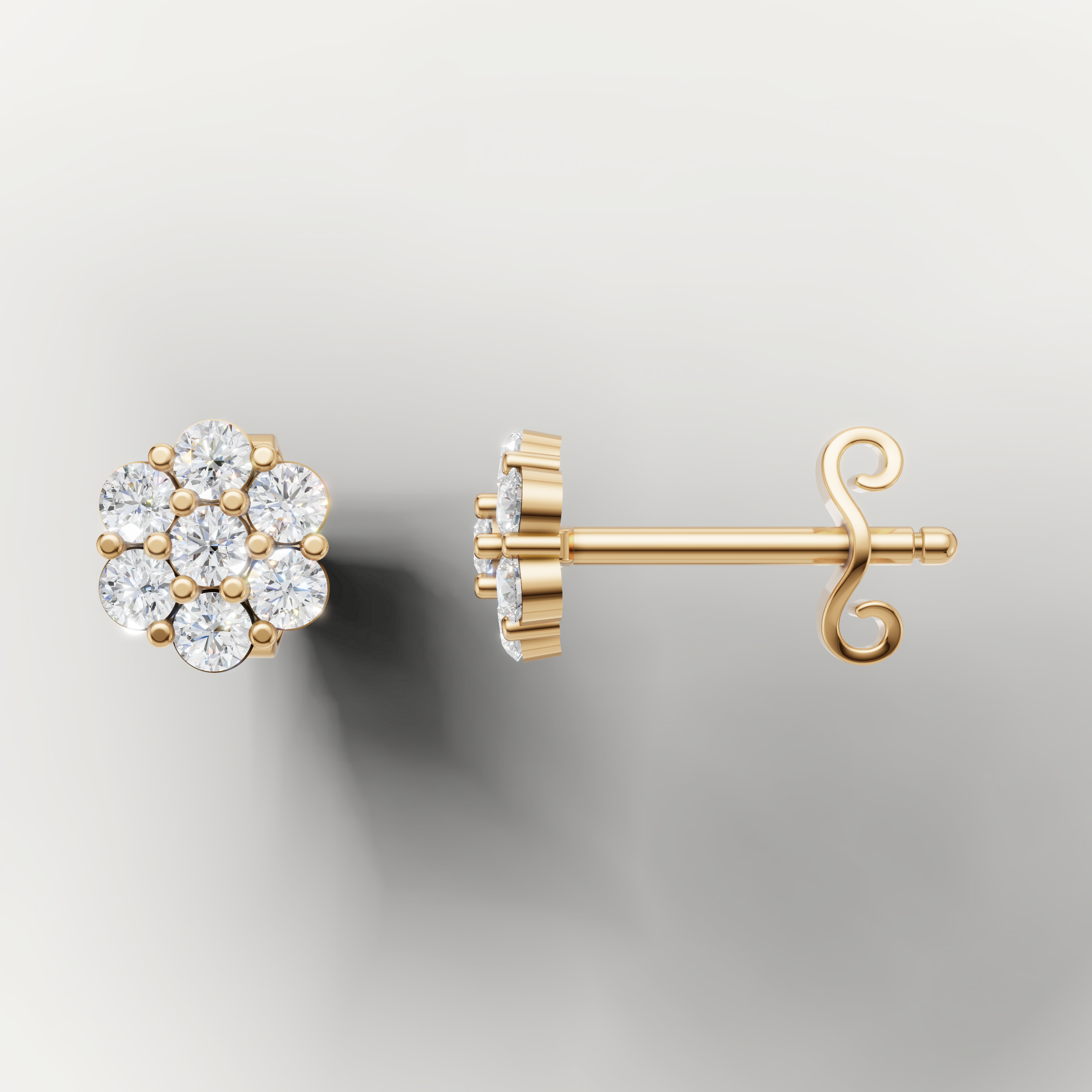Yellow gold flower diamond stud earrings by Raul Diamonds featuring elegant cluster design