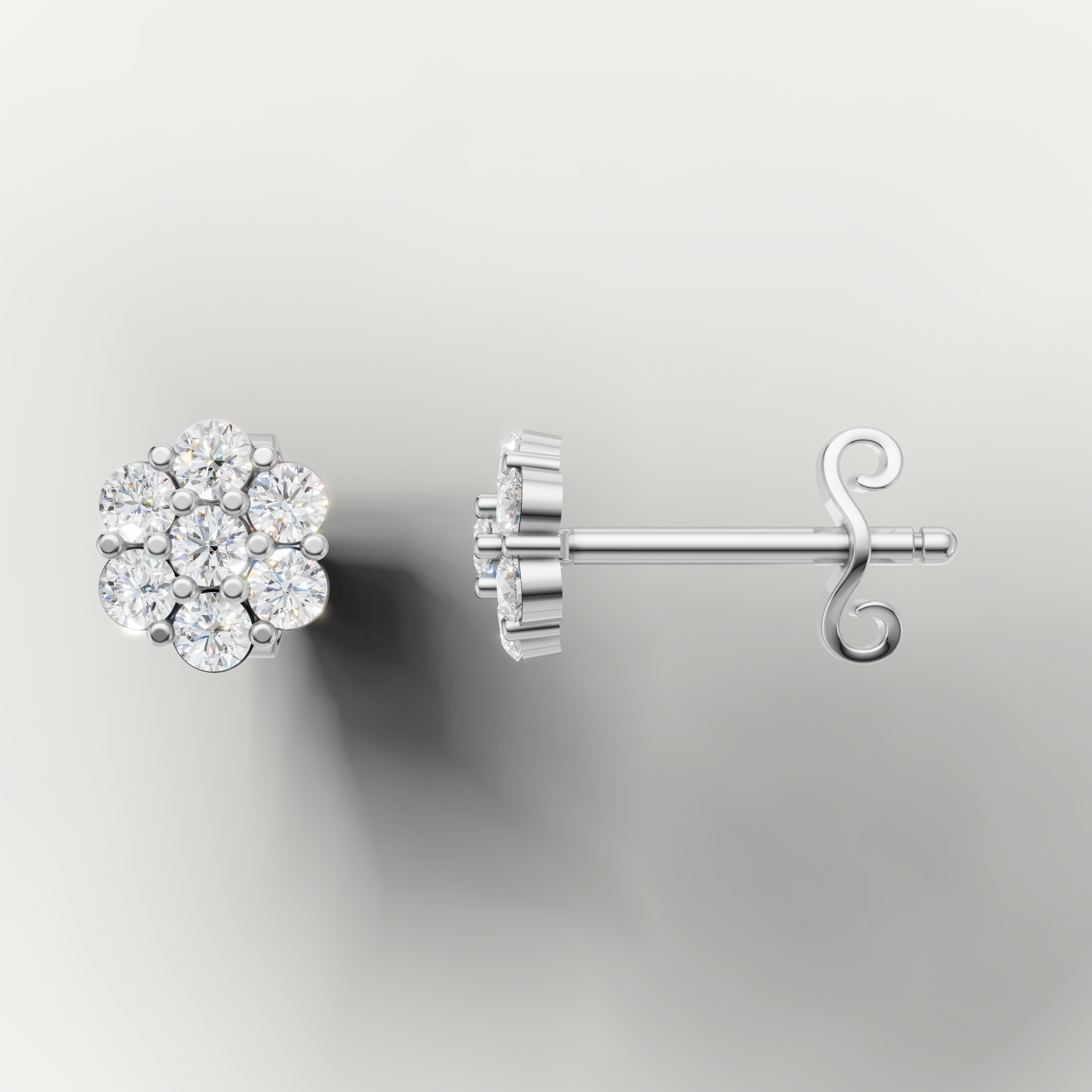 White gold flower diamond stud earrings by Raul Diamonds featuring sparkling cluster diamonds