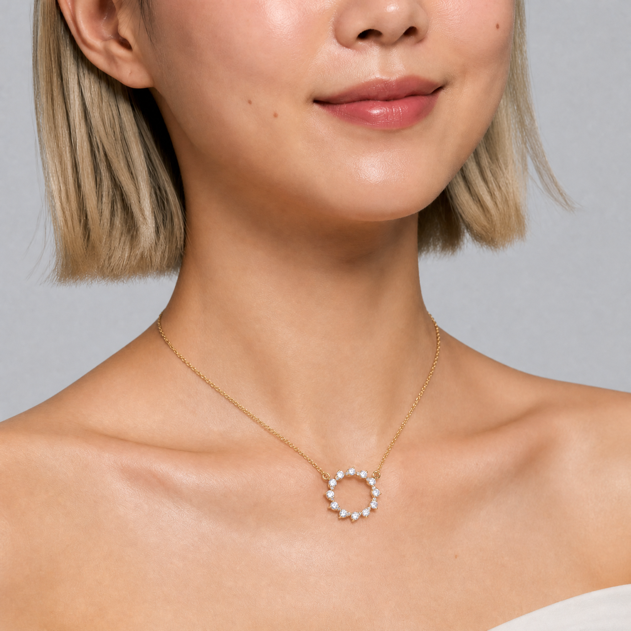 Female Model Wearing Open Circle Lab Grown Diamond Pendant Necklace in 14K Gold by Raul Diamonds