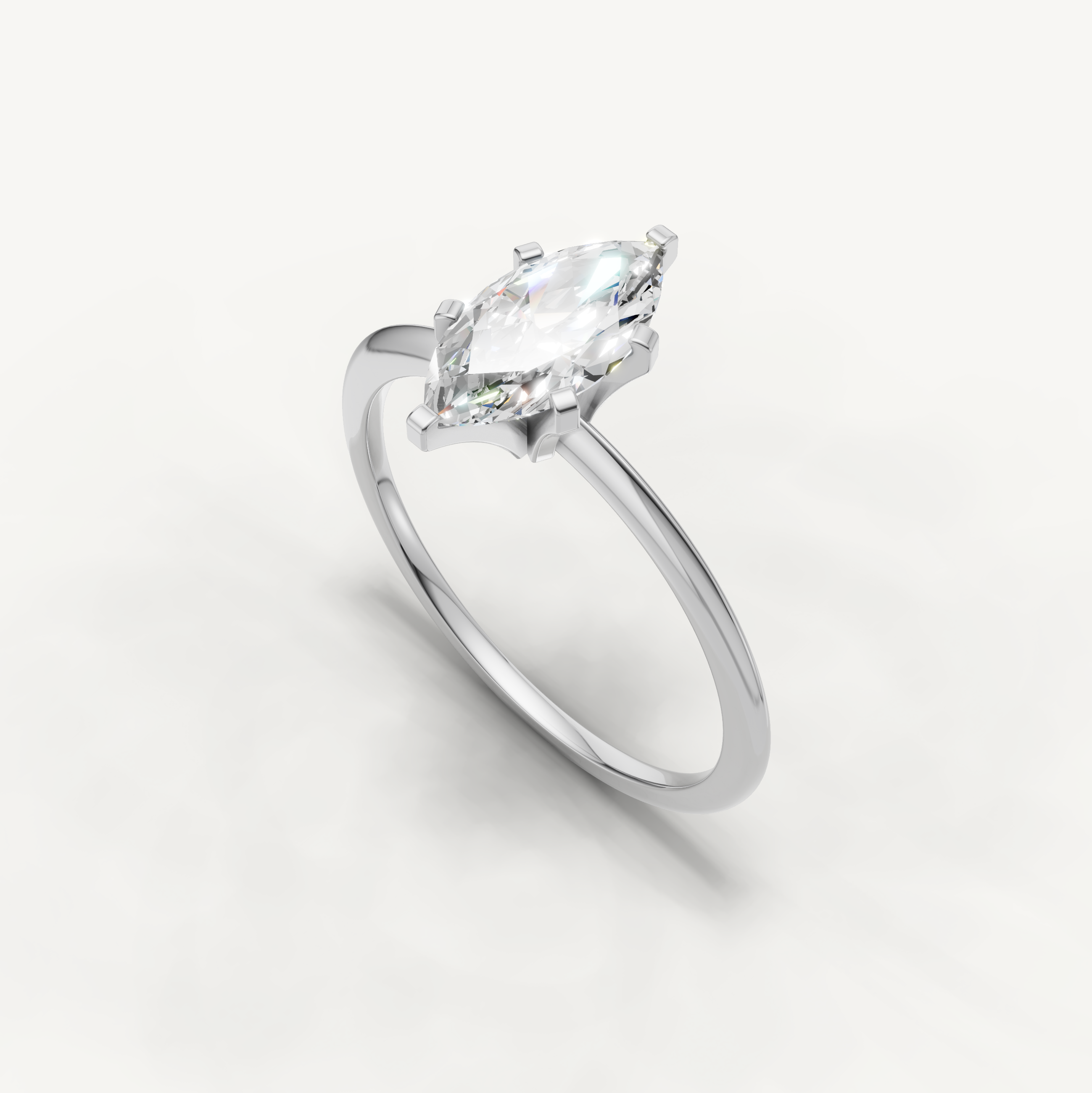 Minimal white gold marquise cut solitaire ring with lab grown diamond by Raul Diamonds