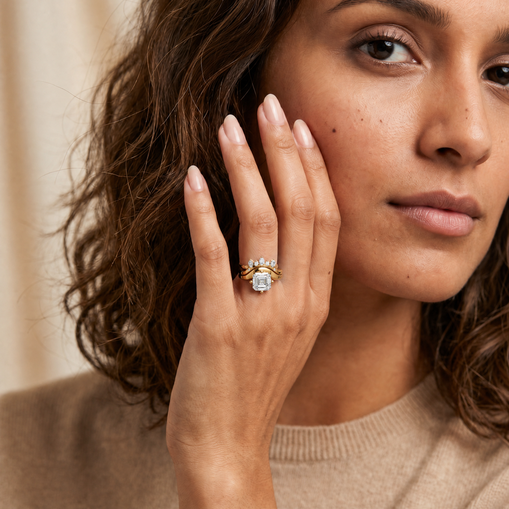 Female Model Wearing Asscher Cut Lab Grown Diamond Bridal Set by Raul Diamonds