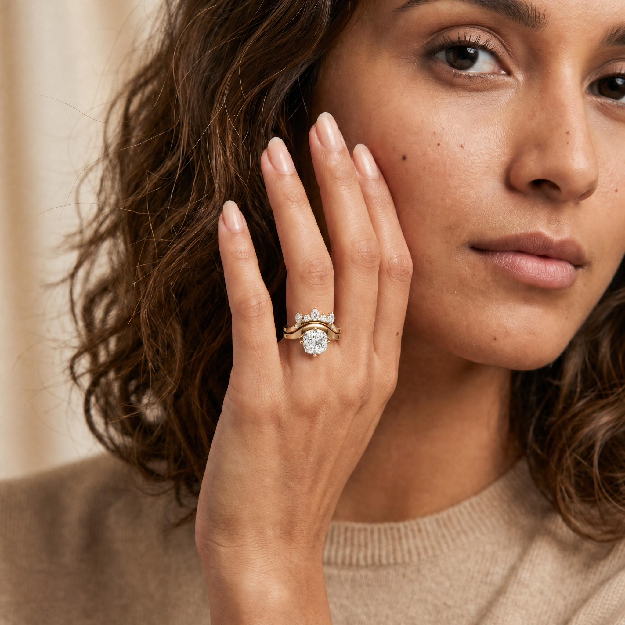 Female Model Wearing Cushion Cut Lab Grown Diamond Bridal Set by Raul Diamonds