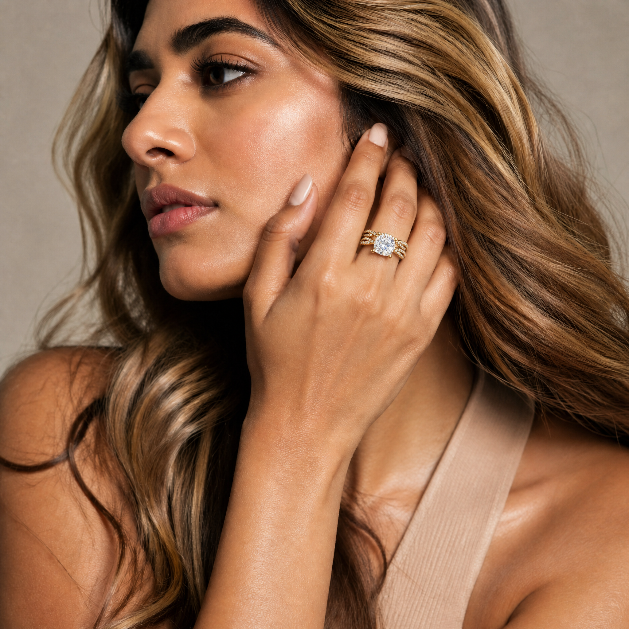 Female Model Wearing Cushion Cut Lab Grown Diamond Split Shank Bridal Set by Raul Diamonds
