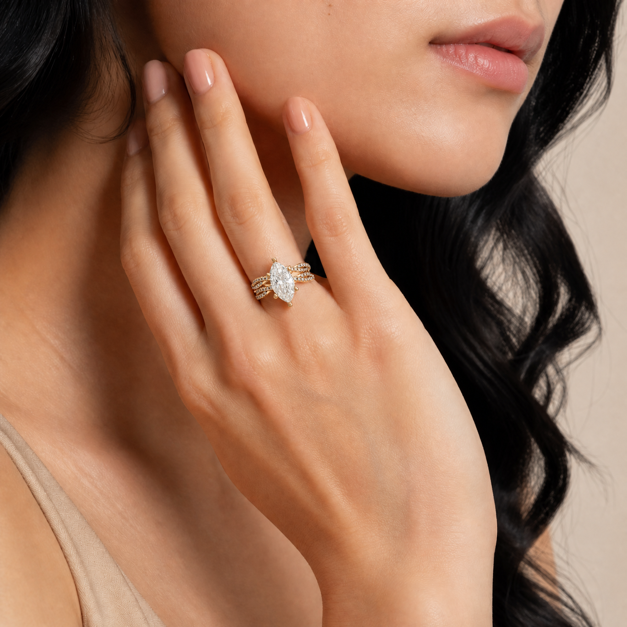 Female Model Wearing Marquise Cut Lab Grown Diamond Split Shank Bridal Set by Raul Diamonds
