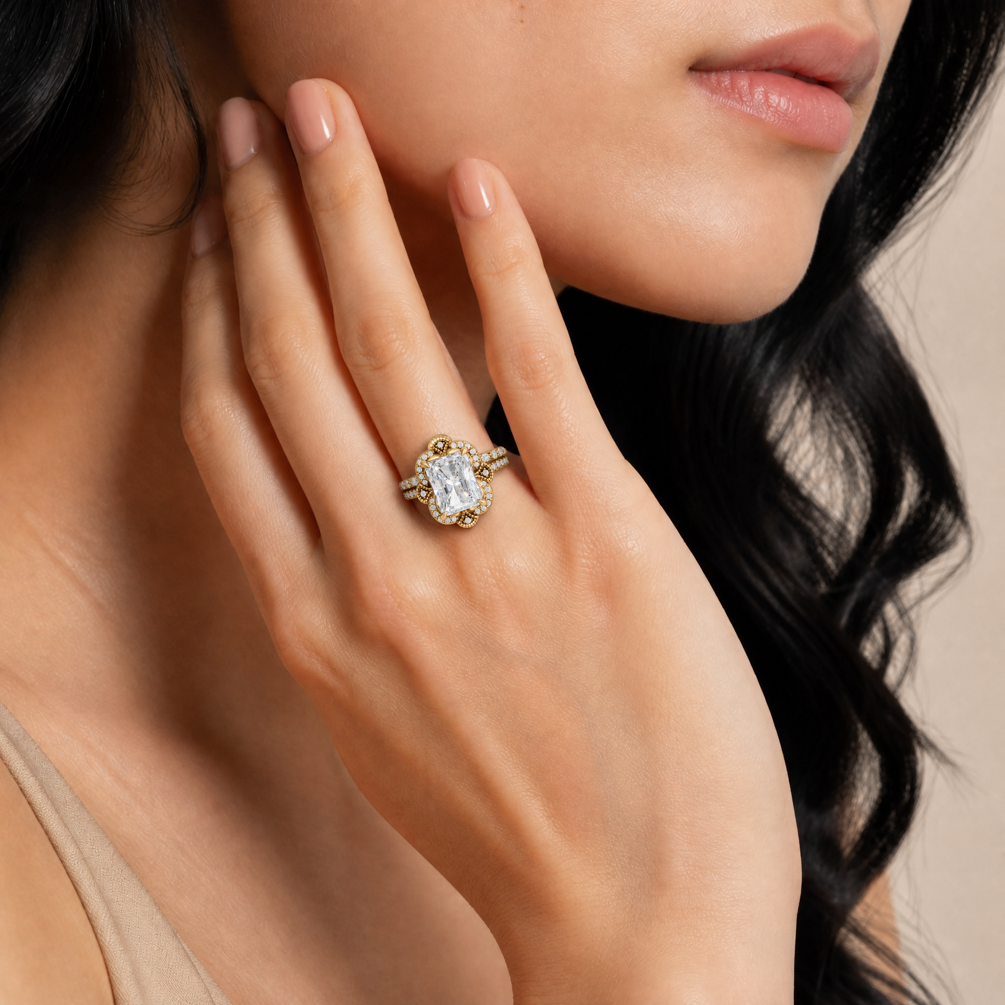 Female Model Wearing Radiant Cut Lab Grown Diamond Floral Halo Bridal Set by Raul Diamonds