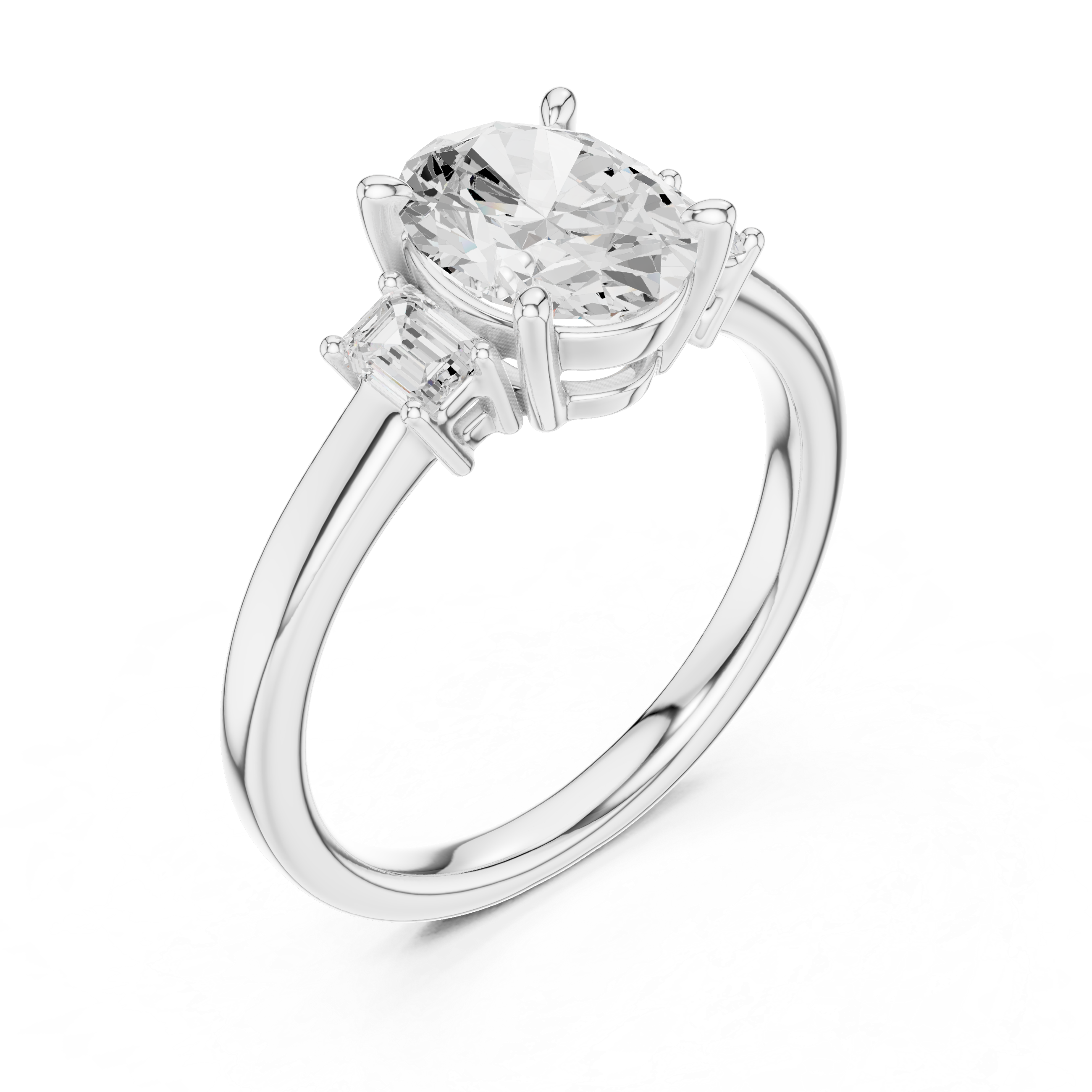 Engagement ring with oval lab diamond and emerald side stones