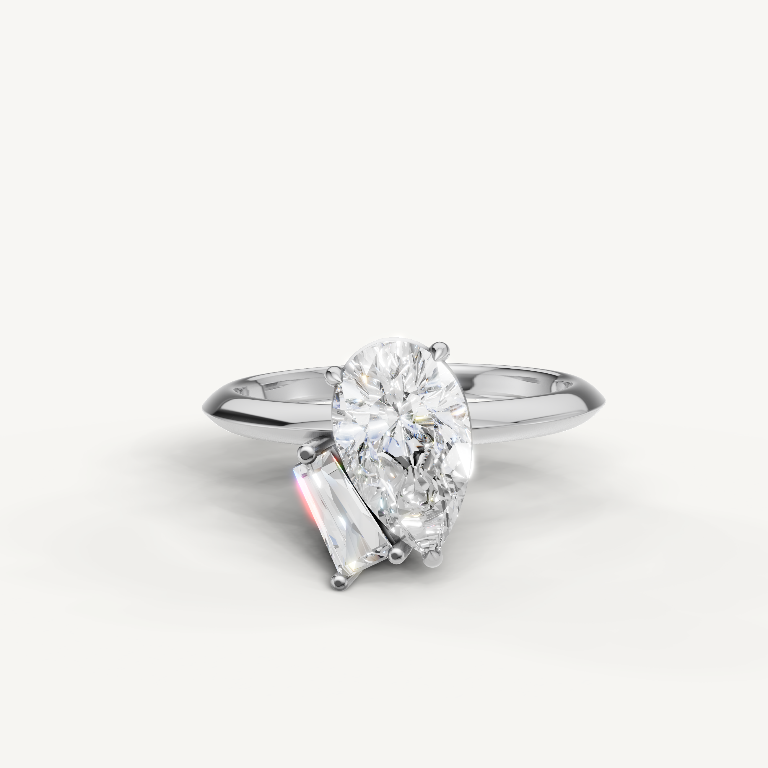 Raul Diamonds white gold toi et moi engagement ring with pear and trapezoid cut lab diamonds
