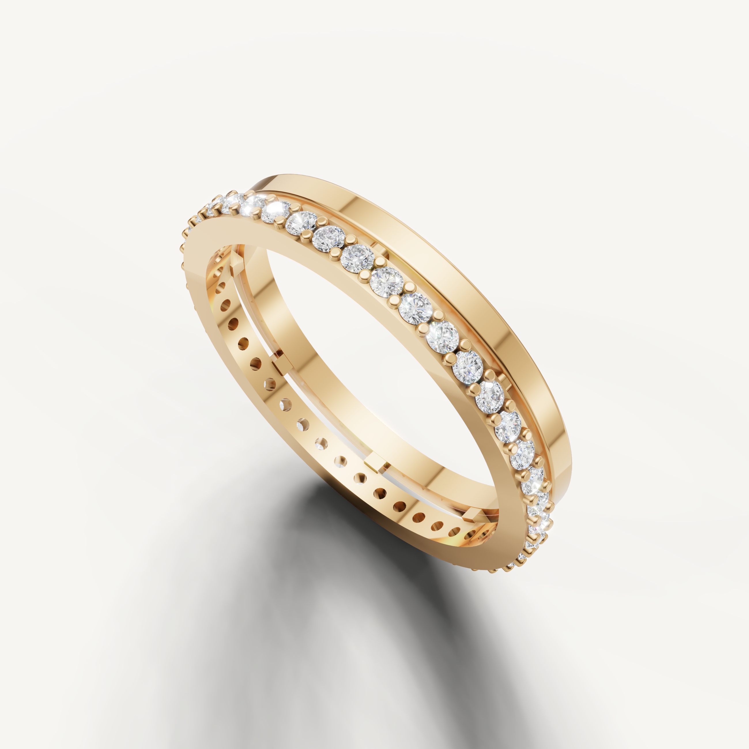 Yellow gold modern diamond anniversary band with pavé round diamonds Raul Diamonds