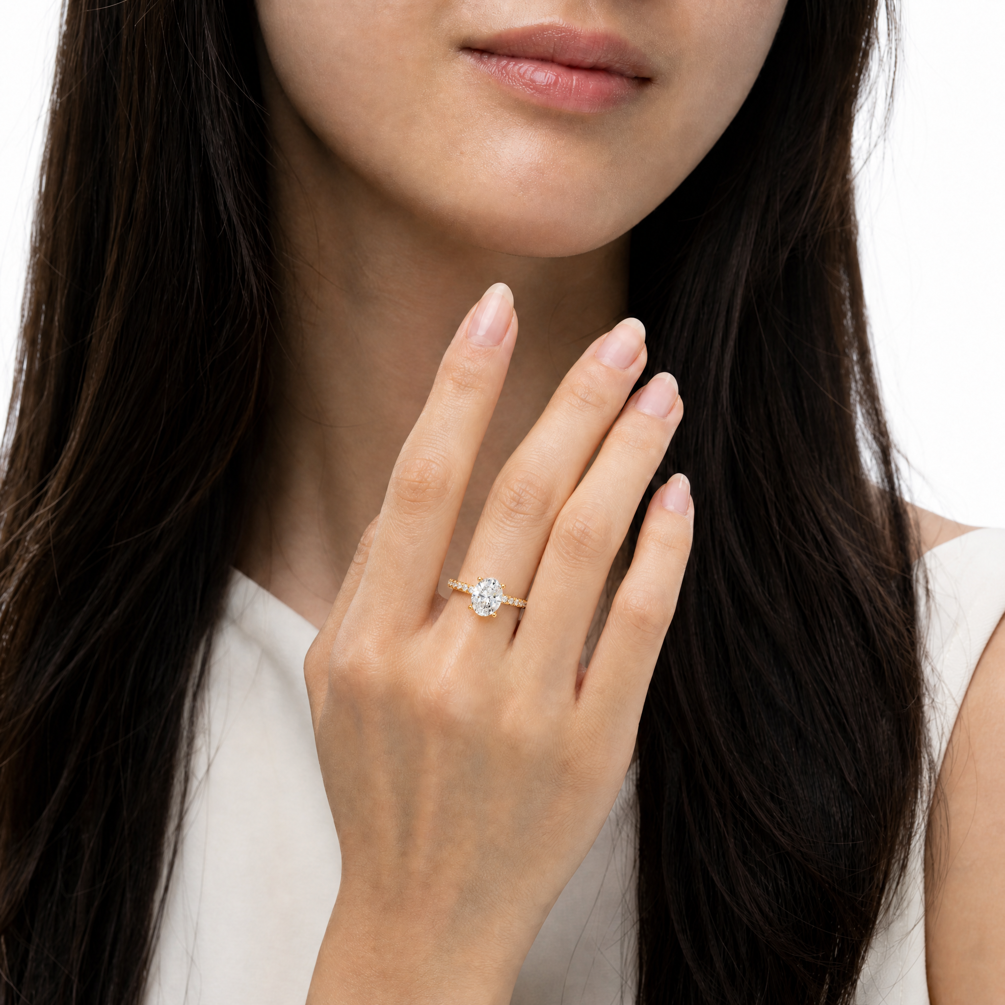 Oval Lab Grown Diamond Hidden Halo Pavé Engagement Ring in 14K Gold