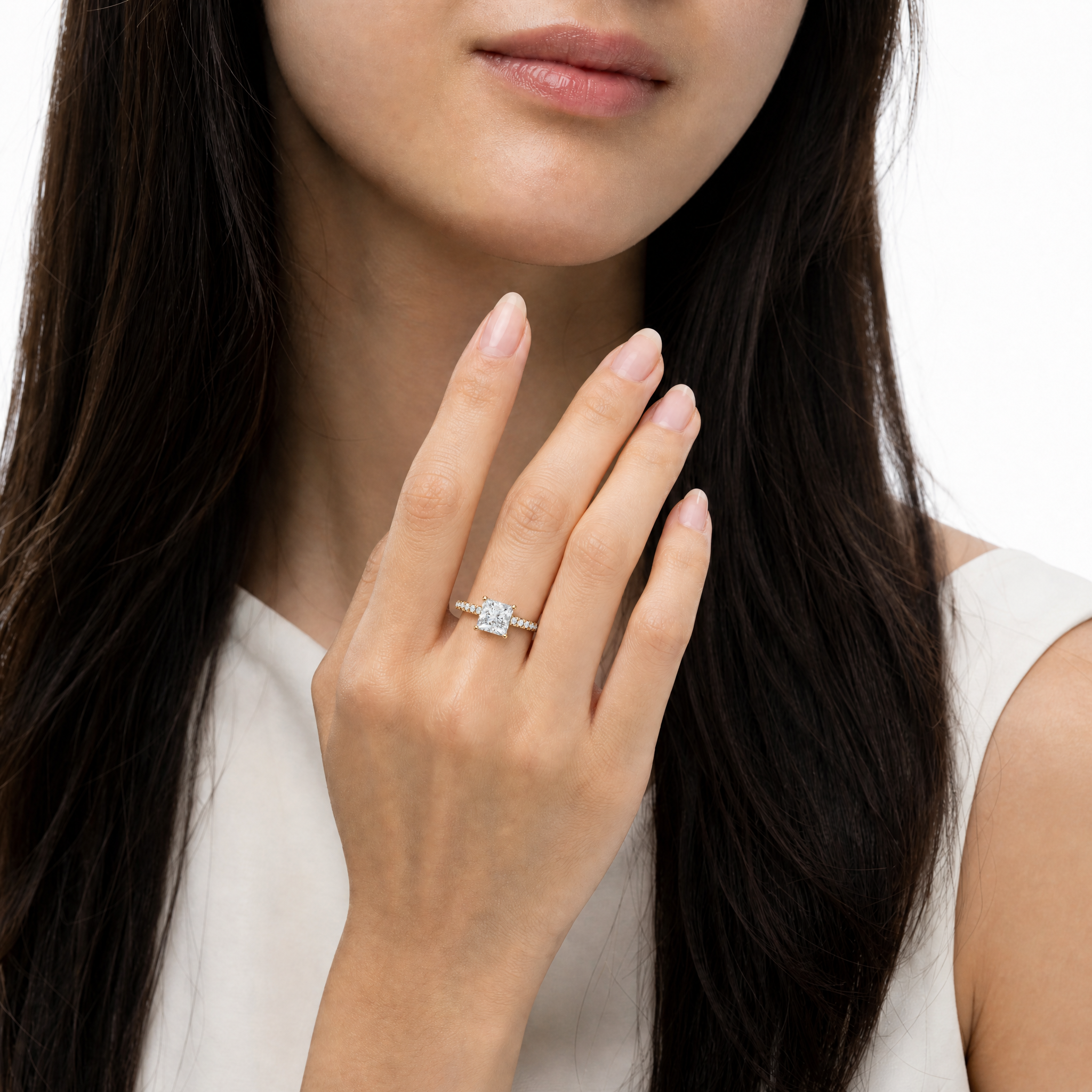 Princess Cut Lab Grown Diamond Hidden Halo Engagement Ring in 14K Gold
