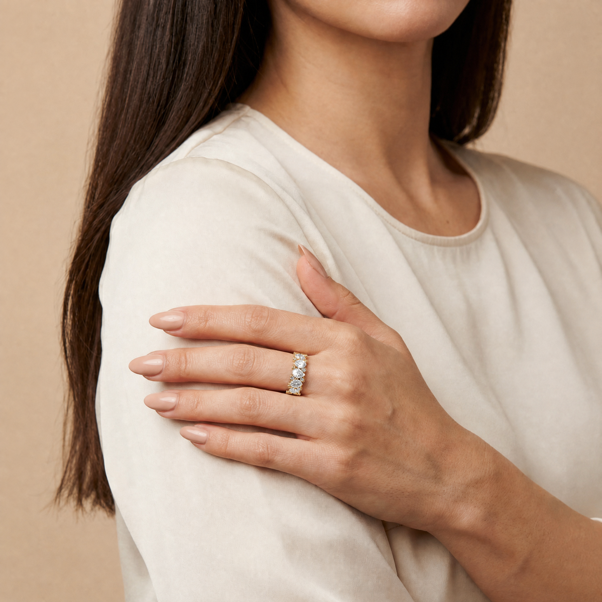 Multi-Shape Pear & Round Lab Grown Diamond Cluster Band in 14K Gold