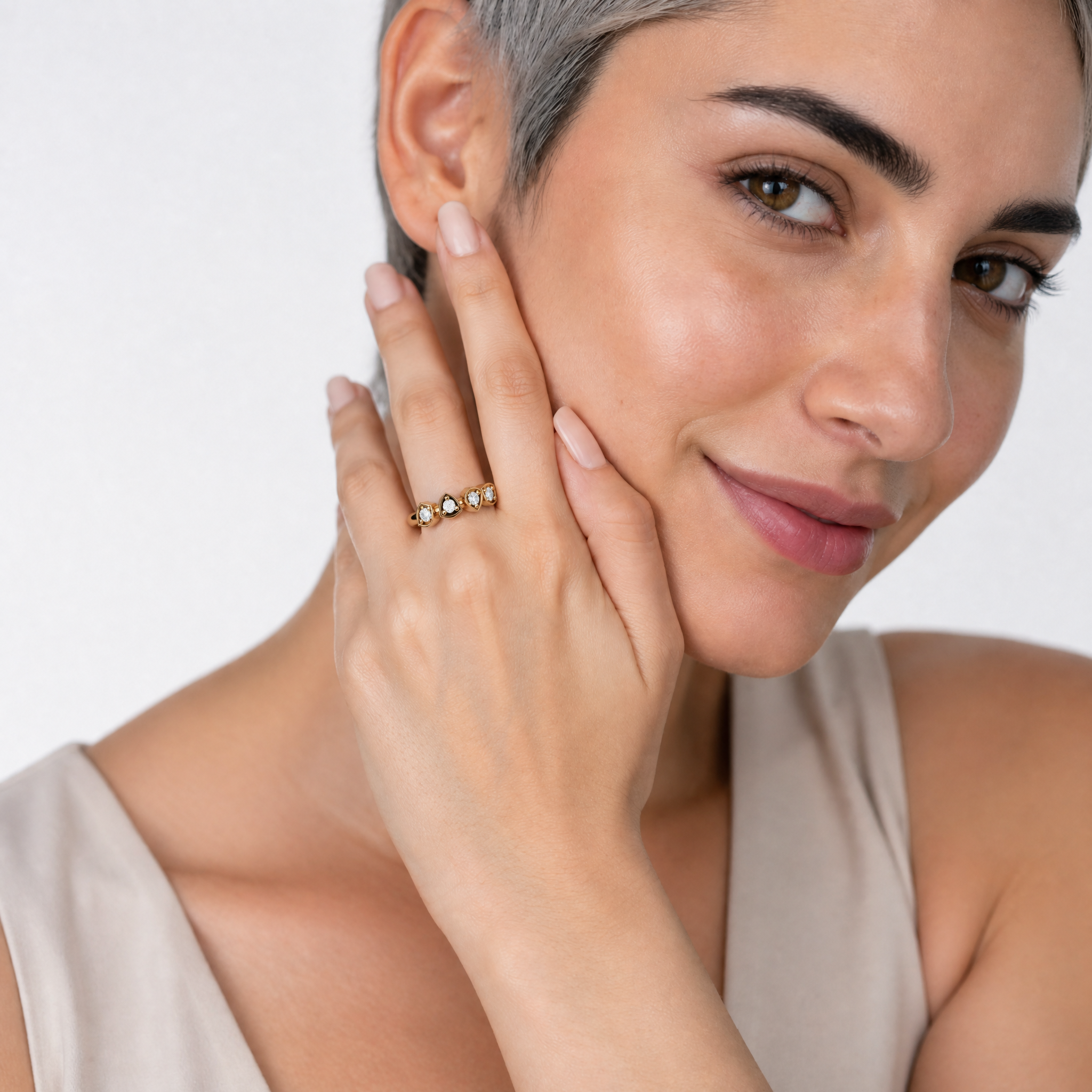 Model wearing Raul Diamonds geometric diamond wedding band in yellow gold modern style