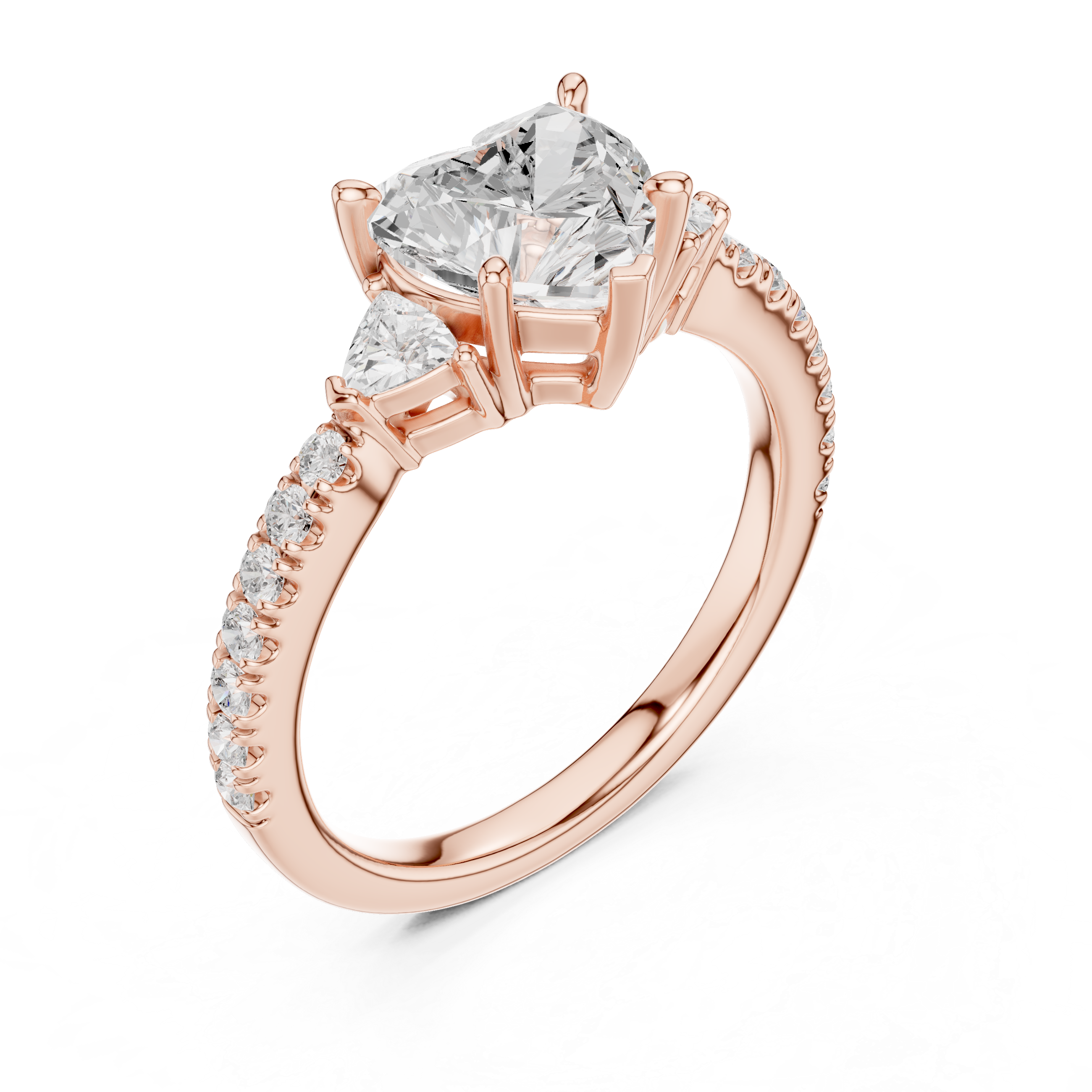 Three-stone engagement ring featuring heart lab diamond and trillions