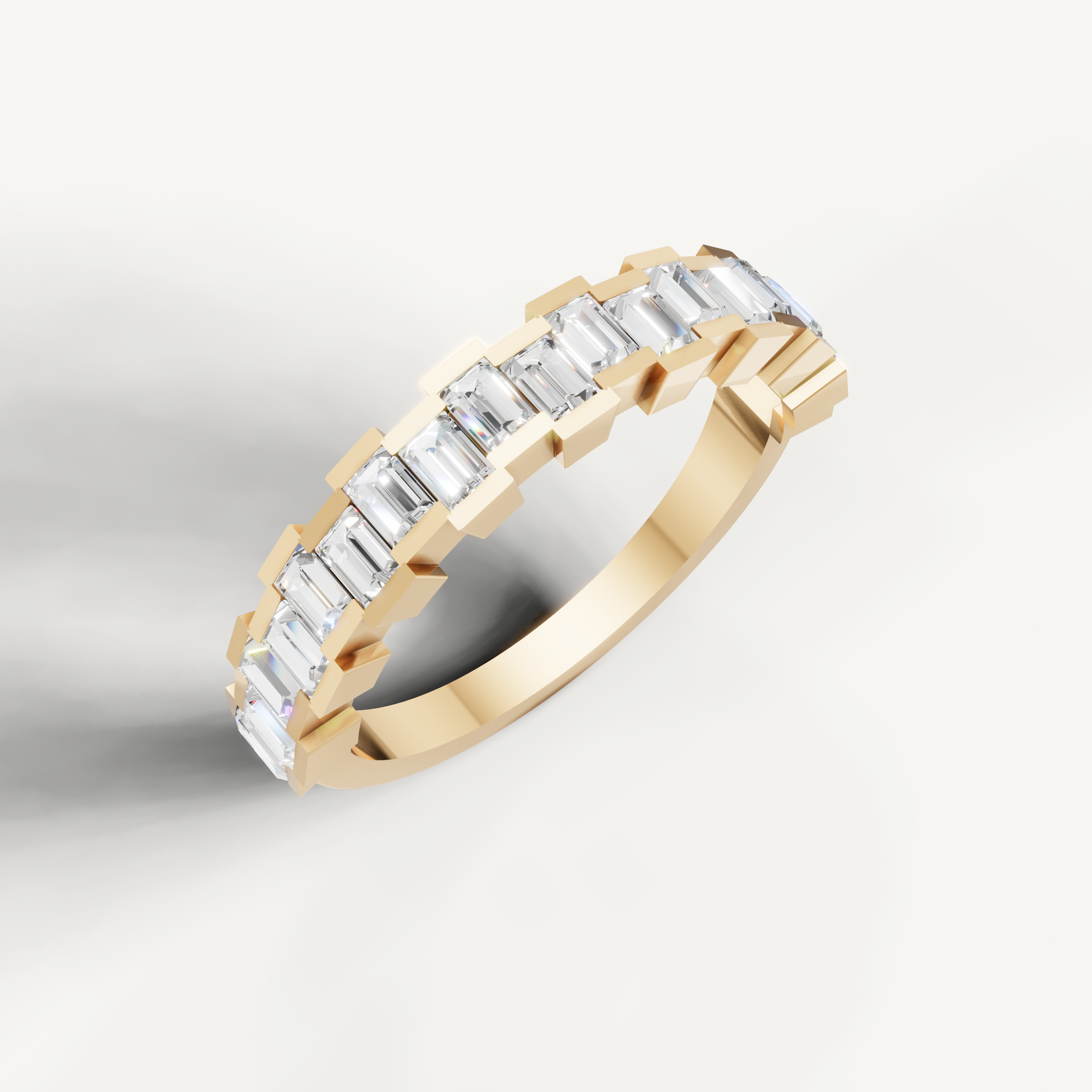 Elegant yellow gold baguette diamond wedding ring featuring sleek emerald cut stones
