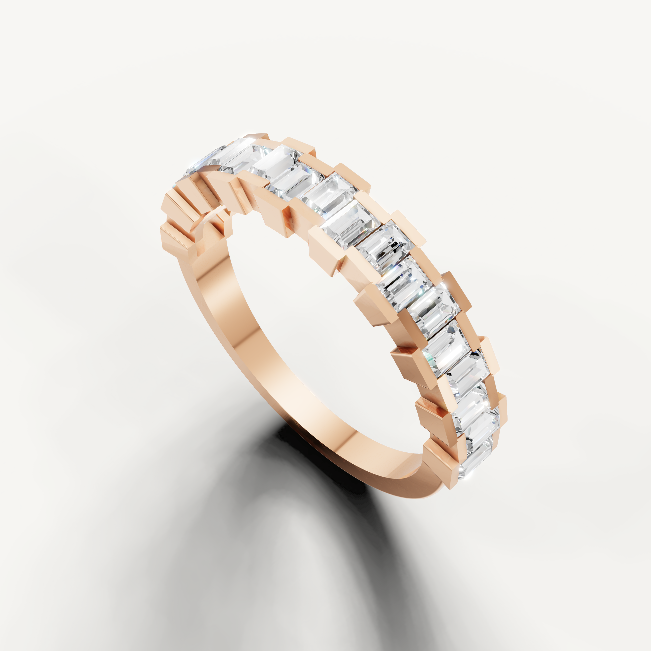Elegant rose gold stackable wedding band with emerald cut diamonds for women