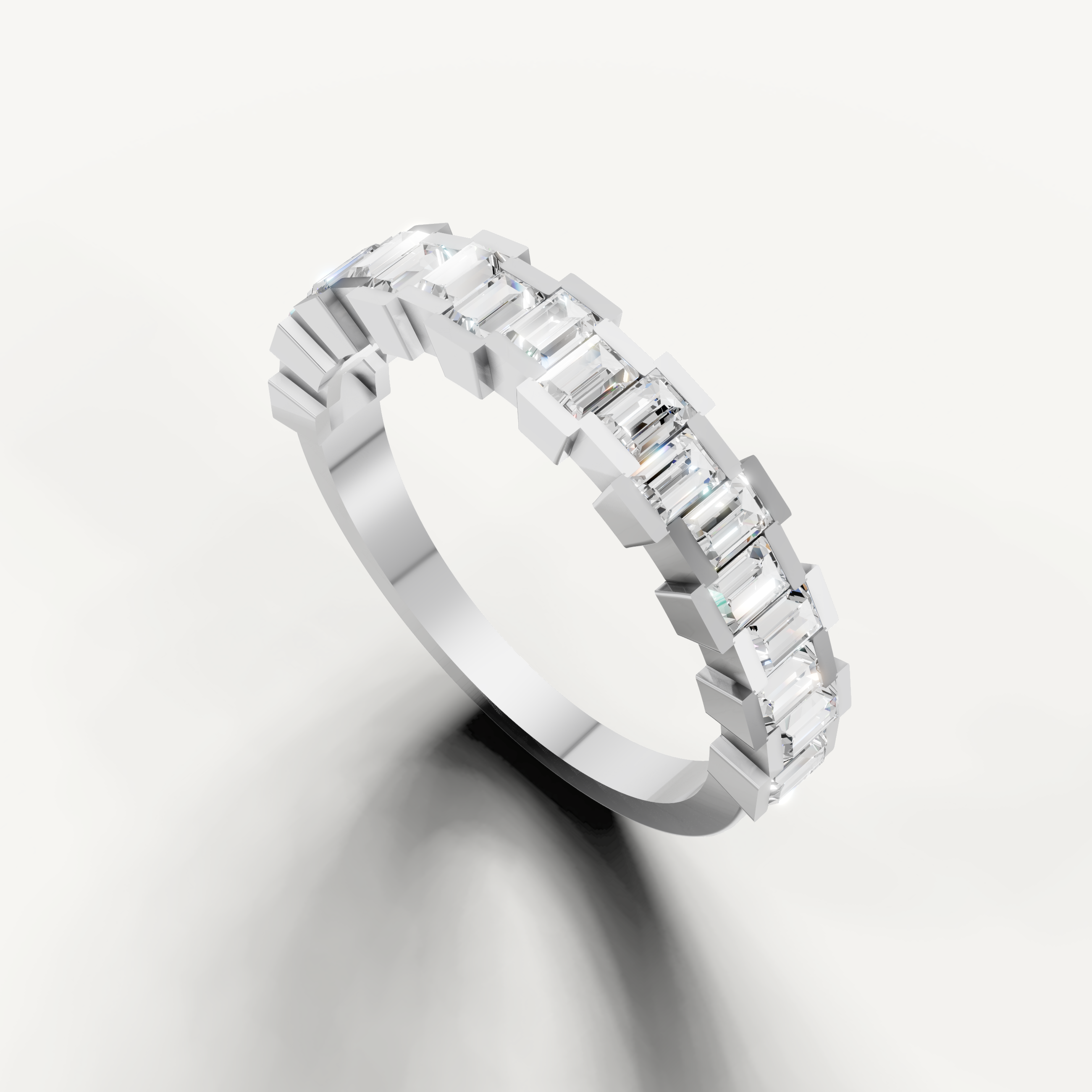 Elegant white gold stackable emerald cut diamond band for women by Raul Diamonds