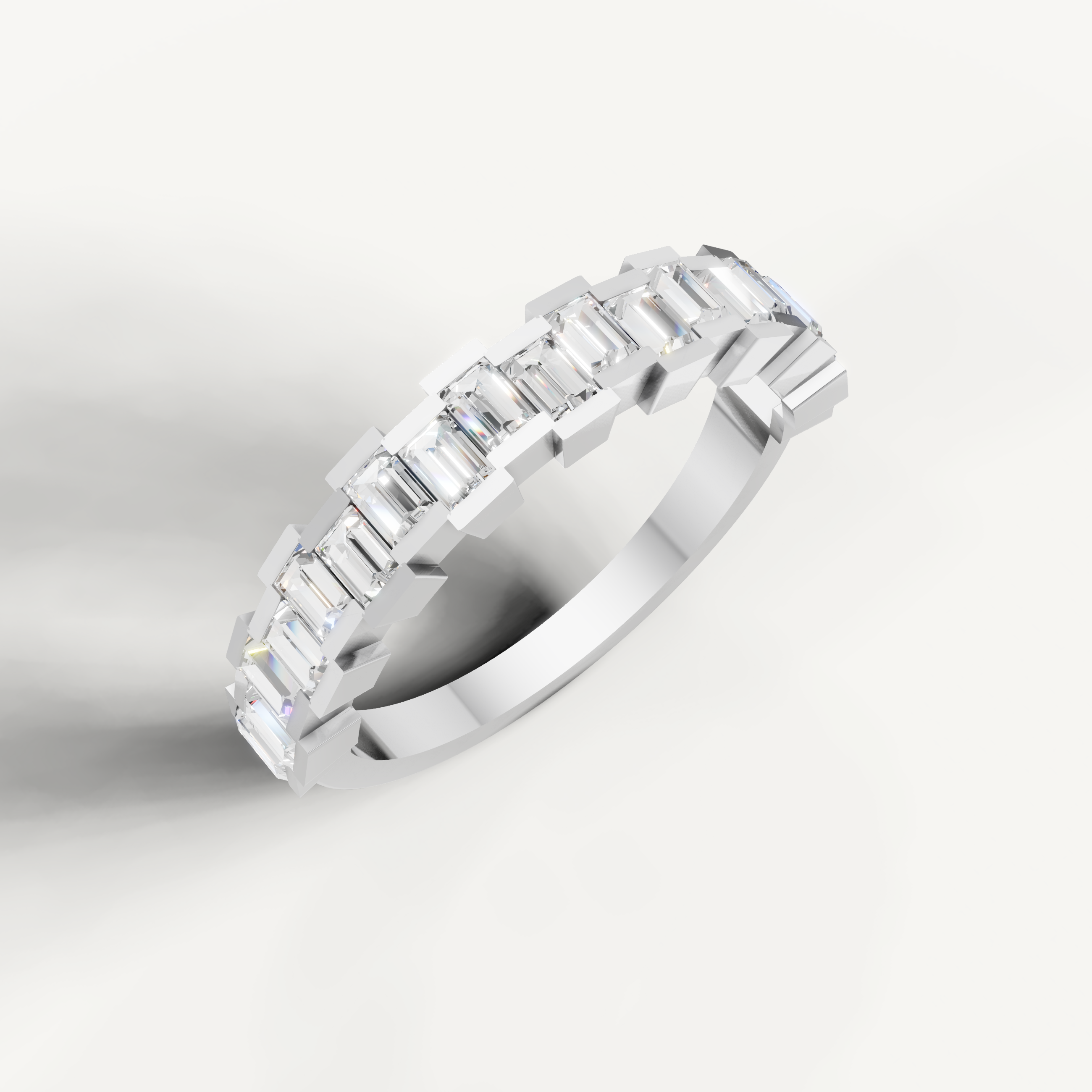 White gold baguette diamond wedding ring featuring brilliant step cut diamonds