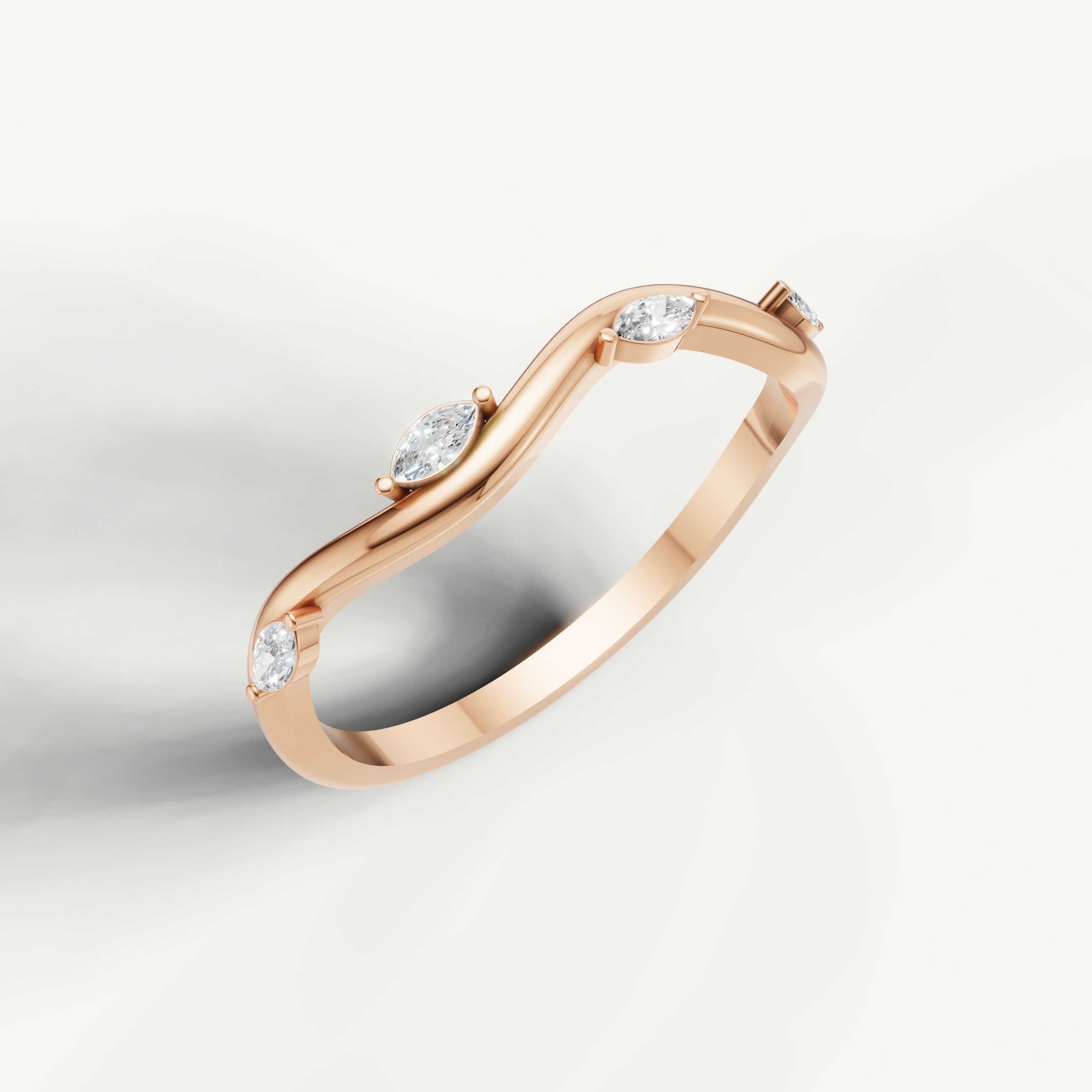 Rose gold wave diamond wedding ring featuring marquise and round brilliant diamonds