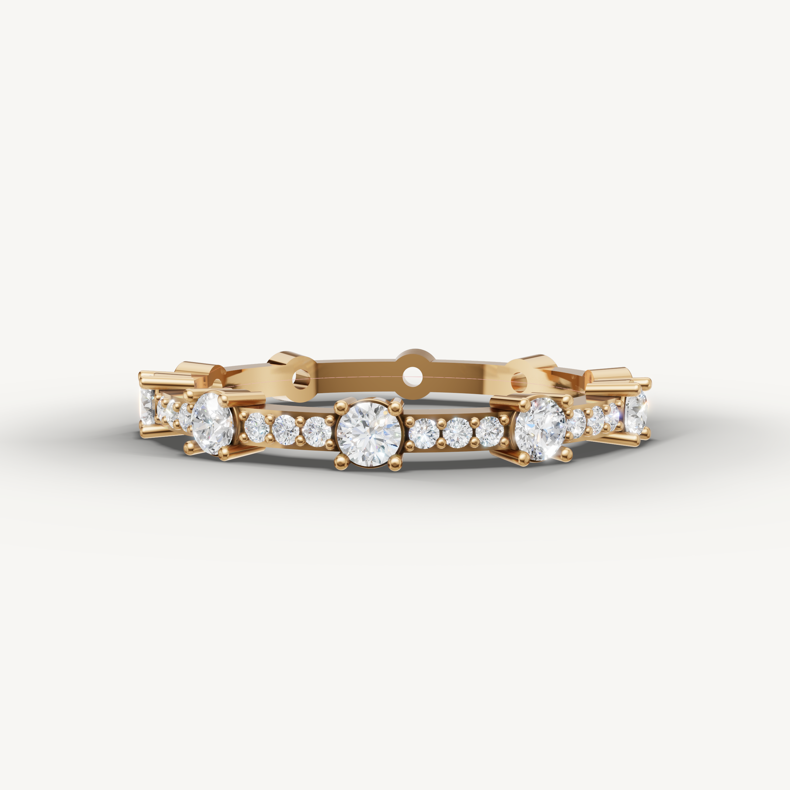 Elegant yellow gold diamond eternity wedding ring with prong set round diamonds